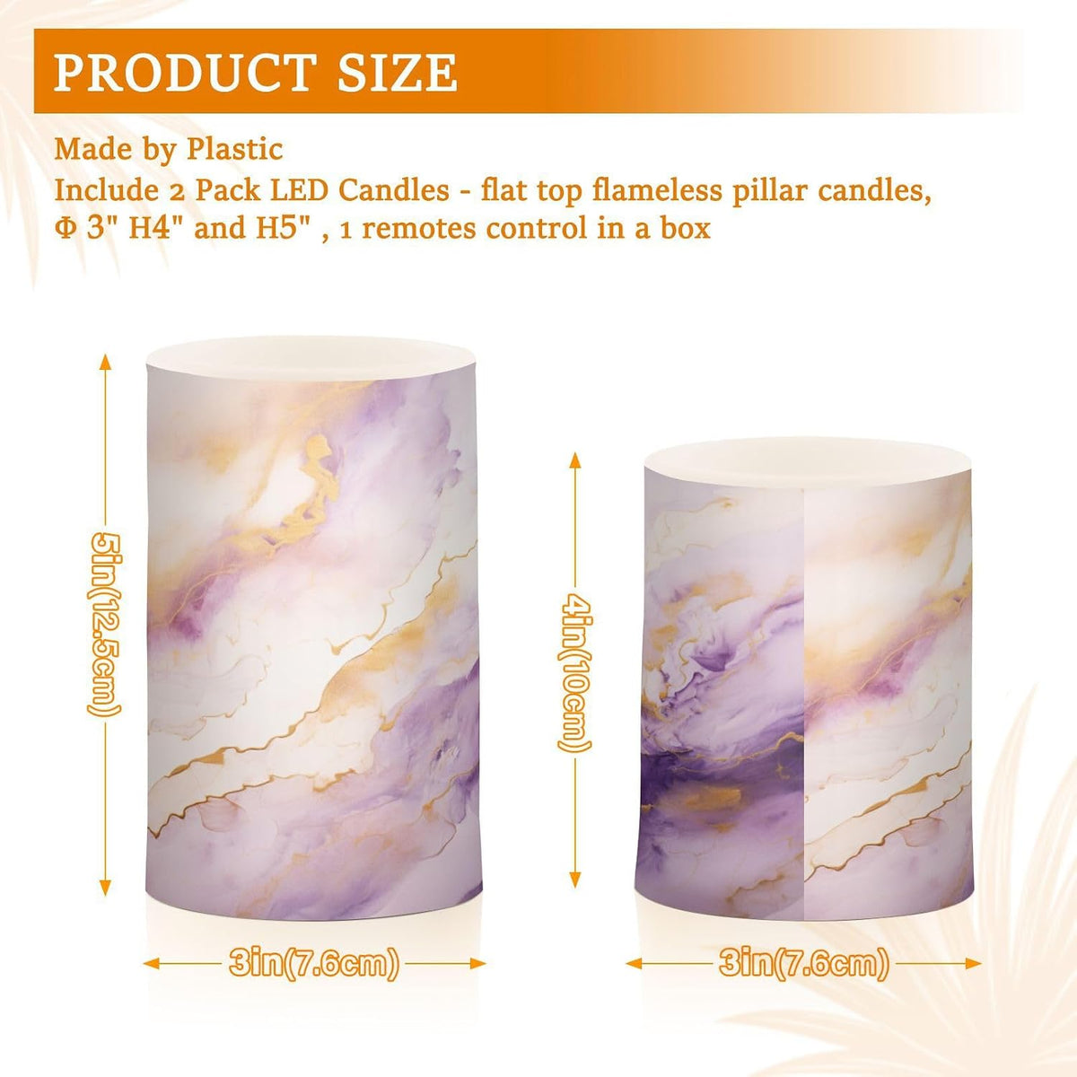 Flickering Flameless Candles, Purple Gold Marble LED Candles with Remote Timer, Set of 2 Battery Operated Candle for