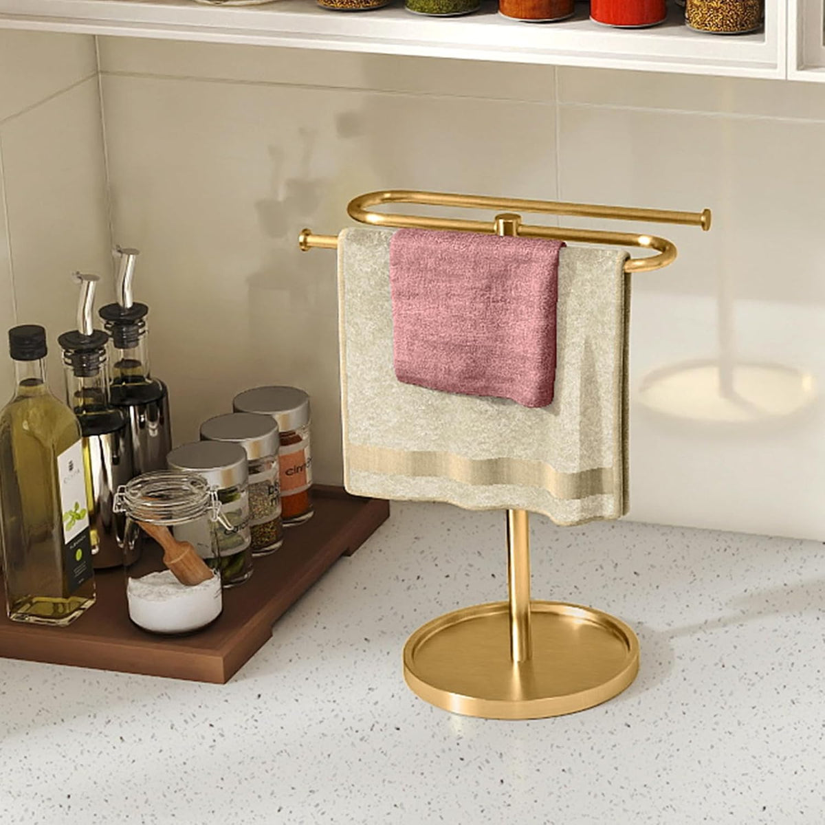 Bethom Bathroom Hand Towel Holder Stand Gold, S-Shape Kitchen Towel Rack | Stainless Steel Countertop Towel Standing