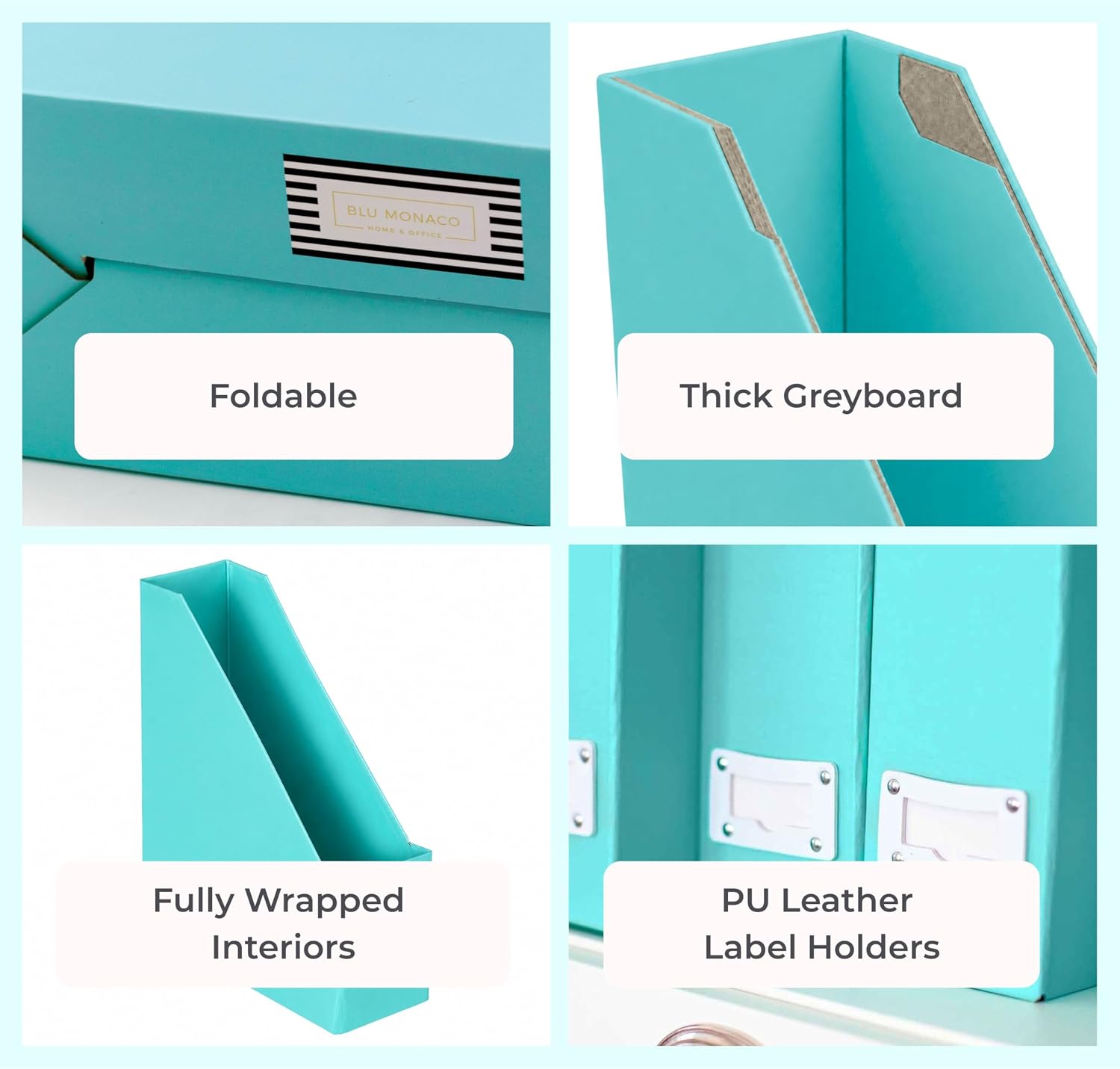BLU MONACO Set of 6 Aqua Magazine File Holders | Foldable Magazine Storage Boxes with White Leather Label Holders