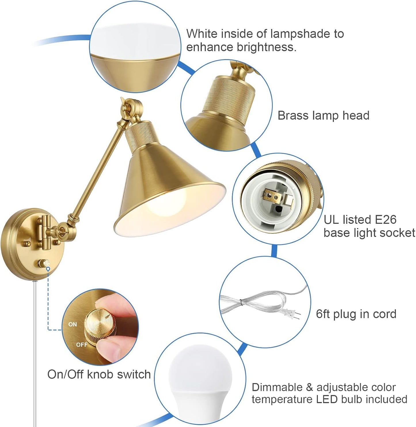 TRLIFE Dimmable Wall Sconce with Remote Control, Brushed Brass Plug in Wall Sconces Adjustable Color Temperature