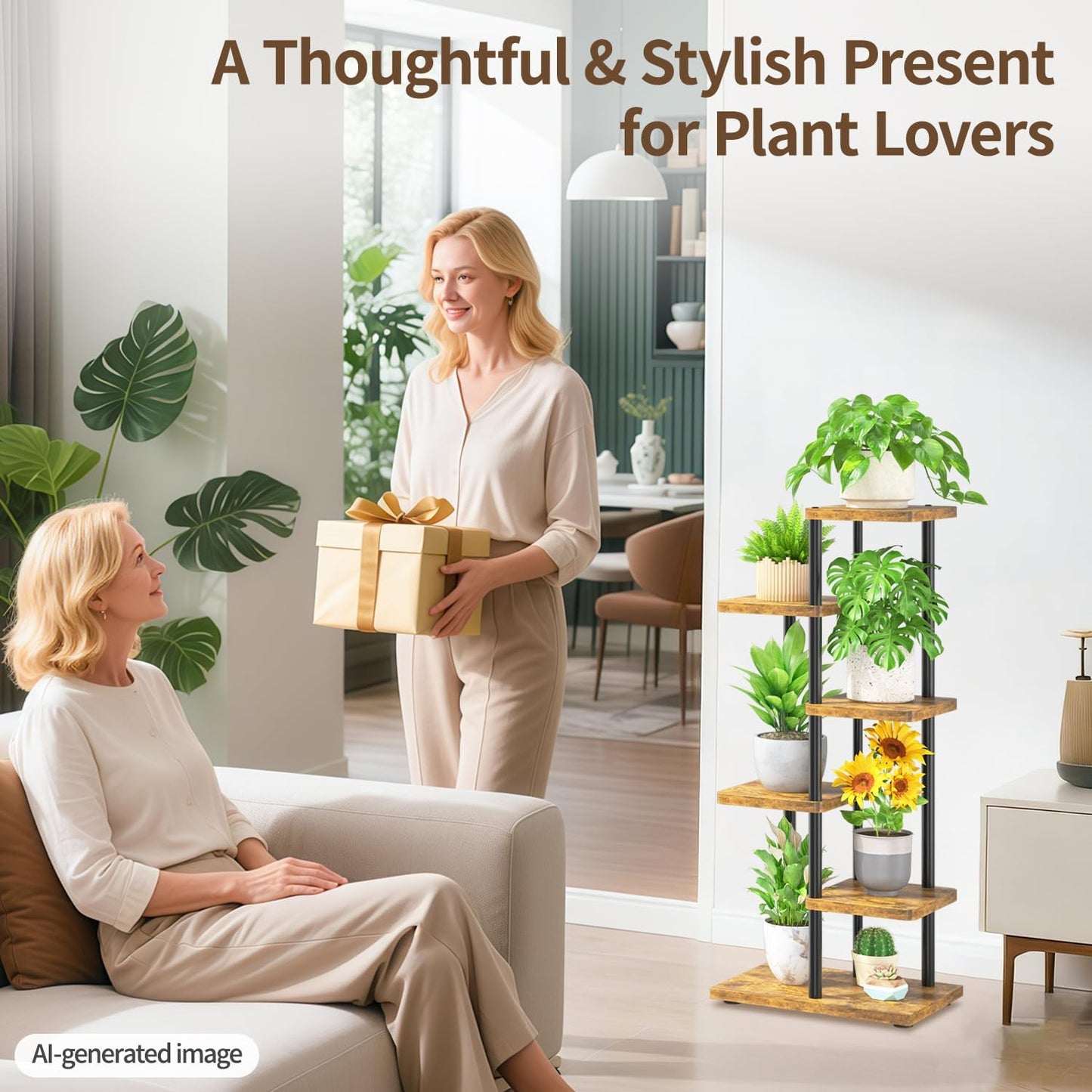 LASZOLA Plant Stand Shelf Tall for Indoor Corner, 5 Tier Wood Brown | Heavy Duty Multi Level Vertical Flower Rack for