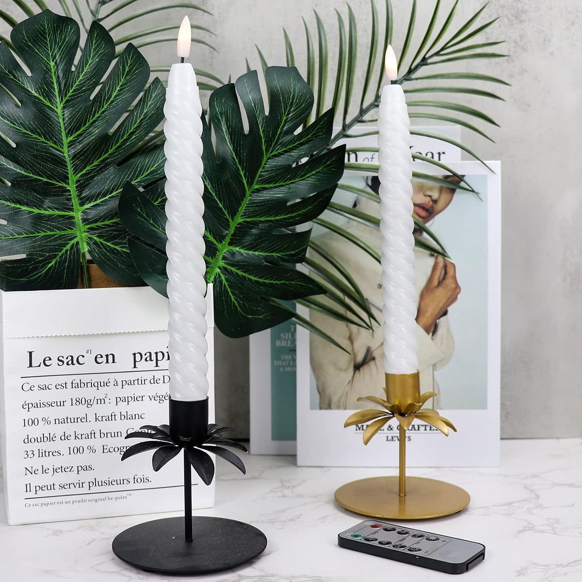 White Flameless Taper Candles Flickering with Remote Timer | LED Spiral Taper Candles, Flameless Candlesticks, Battery