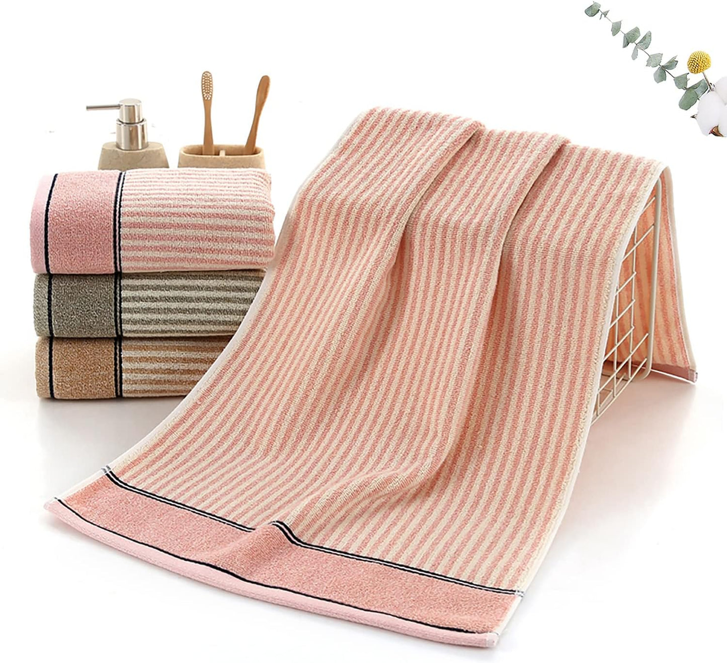 Hand Towels Set of 4 100% Cotton Striped Pattern Absorbent Soft Decorative Towel for Bathroom (Pink)
