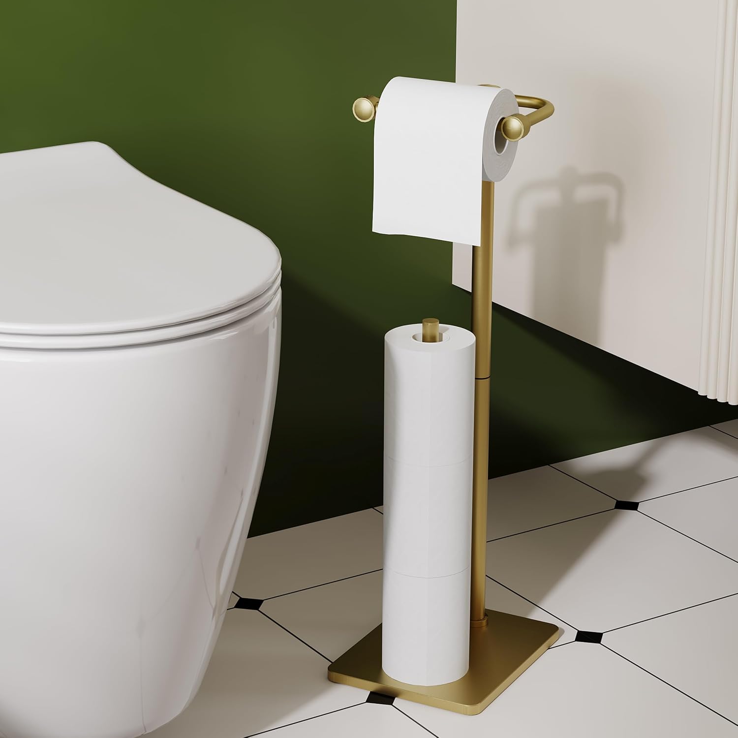 RUACQ Bathroom Toilet Paper Holder Stand with Storage, Brushed Gold | Pivoting Free Standing Toilet Roll Holder, Holds