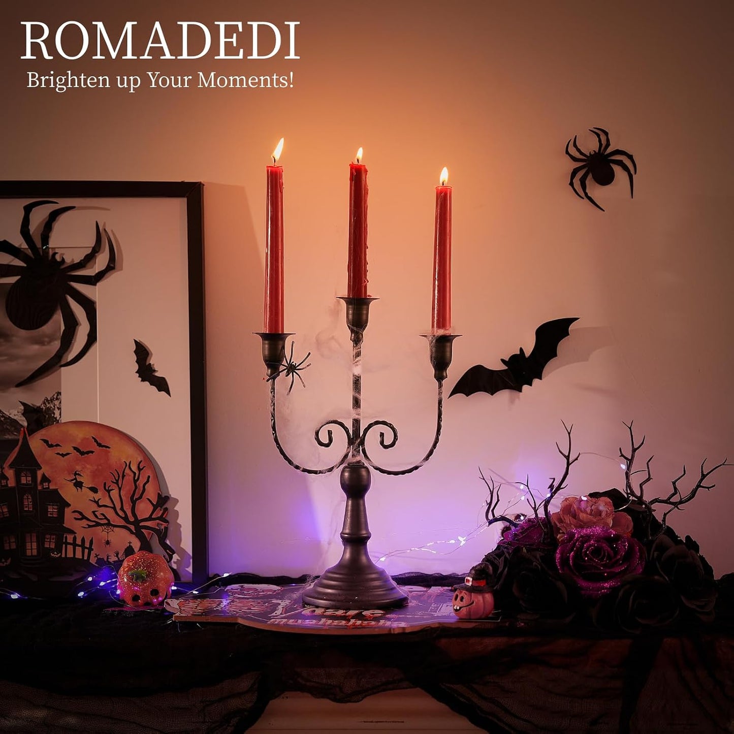 Romadedi Halloween Candelabra, Black 3-Arm Candle Holders, Set of 2 | Metal Taper Candlestick Holder for Mantel, Dining