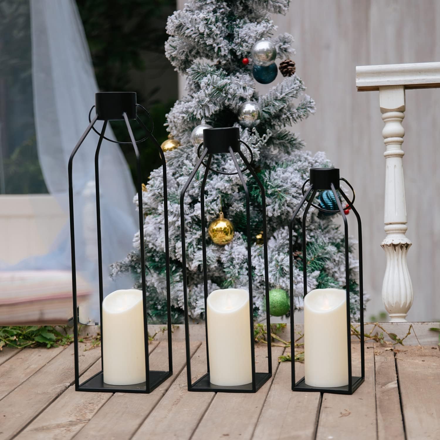 HPC Decor 22'' 19'' 16'' Lanterns Decorative w/Flickering Timer Candles- Tall Large Black Metal Candle Lanterns Set of