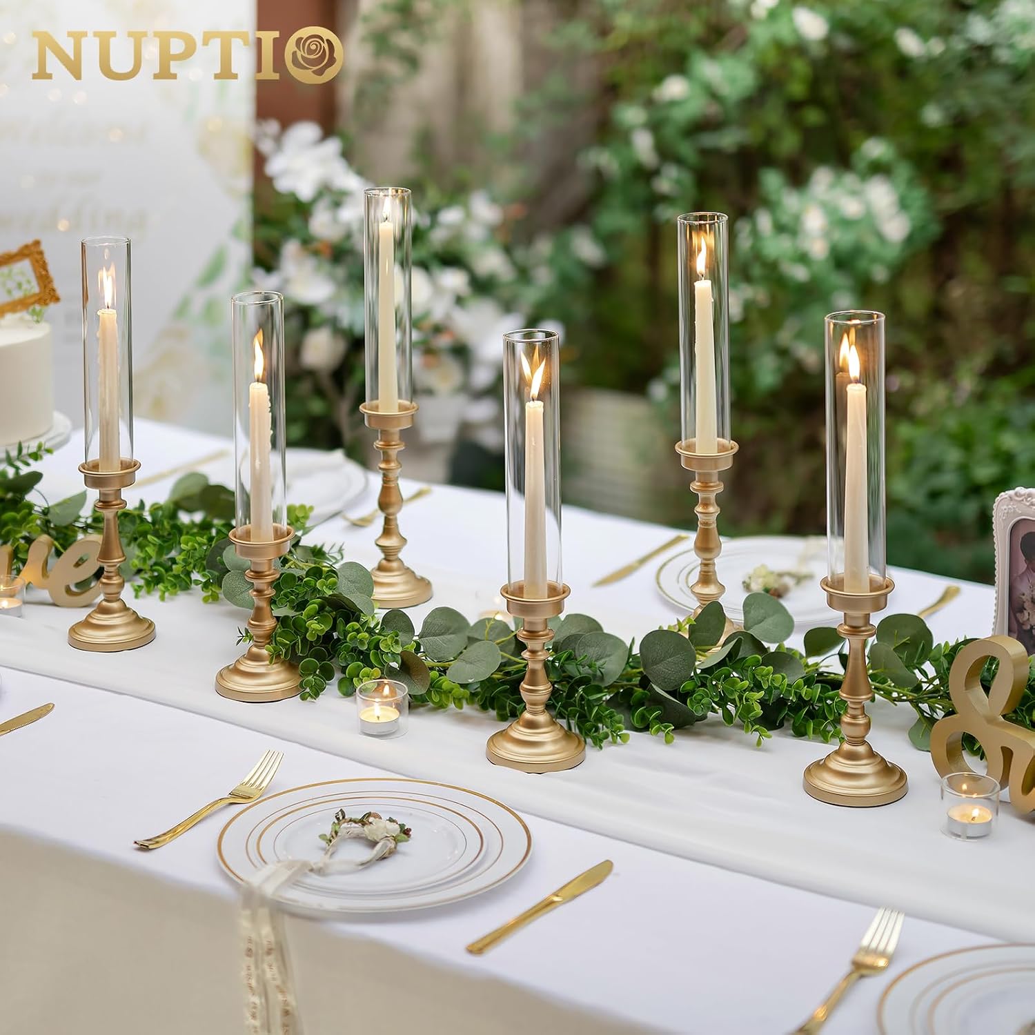 NUPTIO Hurricane Candle Holders, Set of 6 Gold Taper Holders with Glass | Glass Covers Protect Flames, Ornate Style