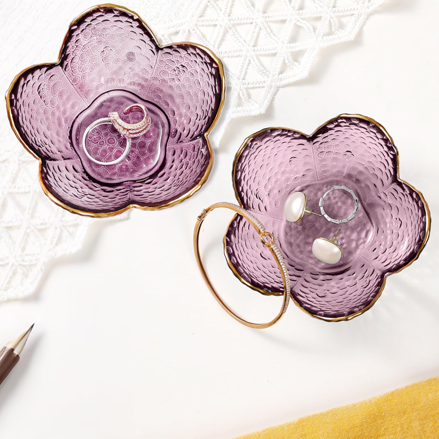 Gifts for Women Purple Flower Jewelry Dish Glass Ring Holder Decorative / Flower Purple / Set of 2