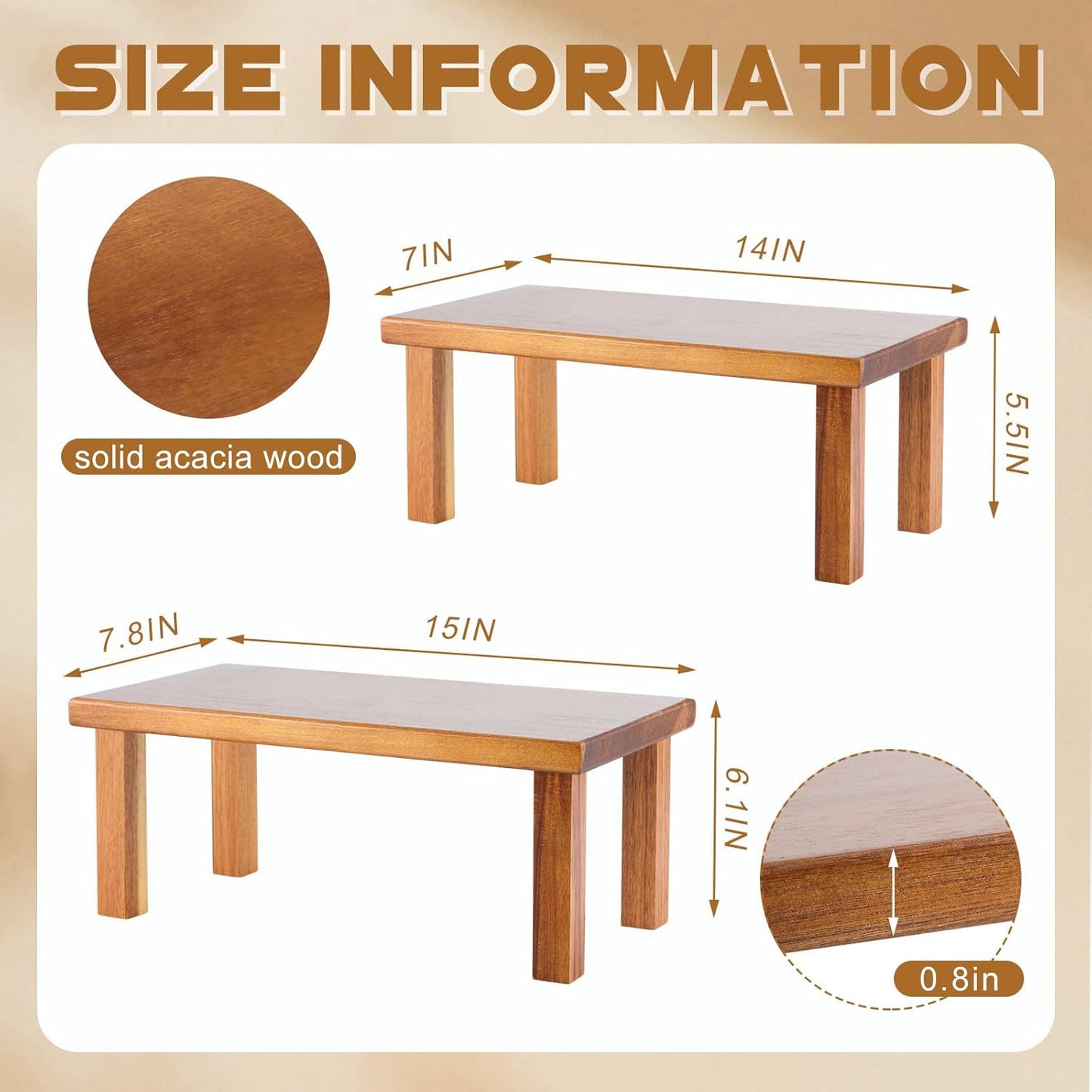 Extra Large Acacia Wooden Riser Wooden Countertop Organizer Display Shelf / 15 x 7.5 x 6 / Set of 2