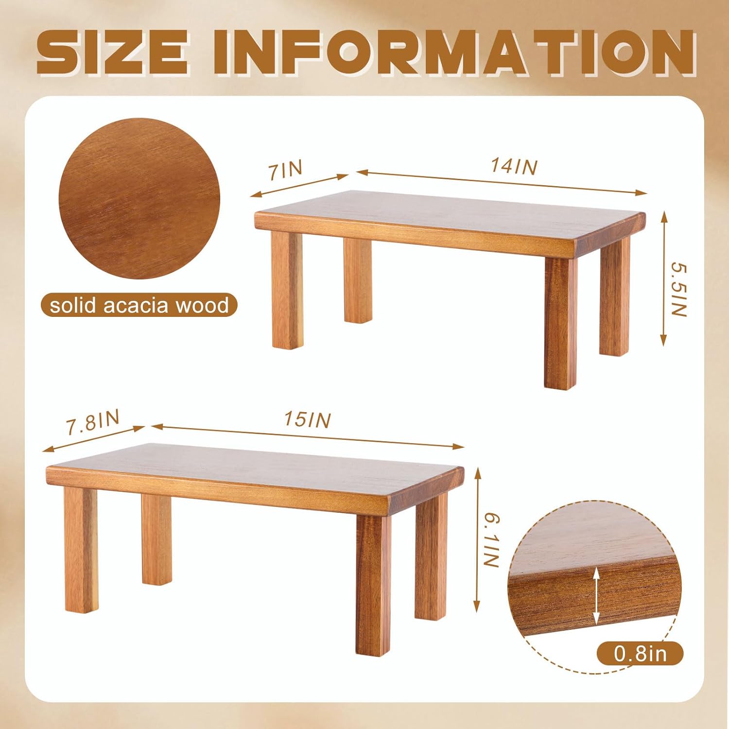 Extra Large Acacia Wooden Riser Wooden Countertop Organizer Display Shelf / 15 x 7.5 x 6 / Set of 2