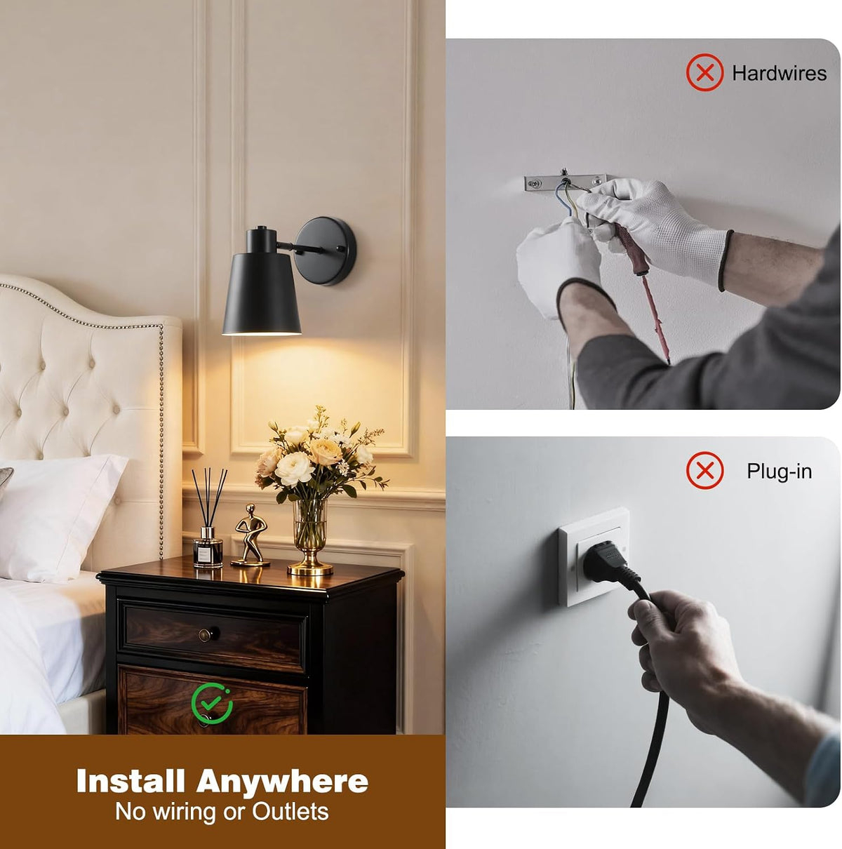 Black Battery Operated Wall Sconces Set of Two with Remote, Rechargeable Battery Powered Wall Lights, 3 Color