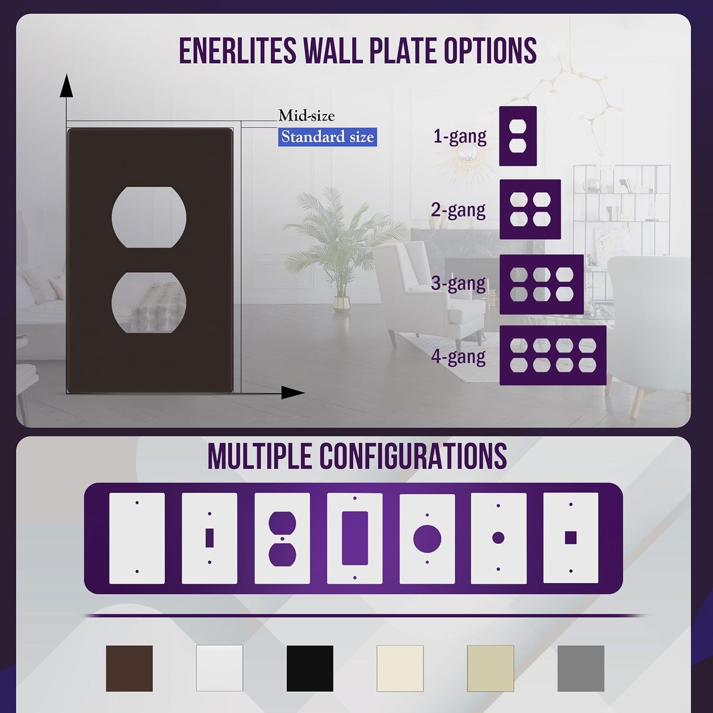 ENERLITES SI8821-BR Duplex Outlet Receptacle Cover, Screwless Wall Plate, Standard Size, 1-Gang 4.68" x 2.93"