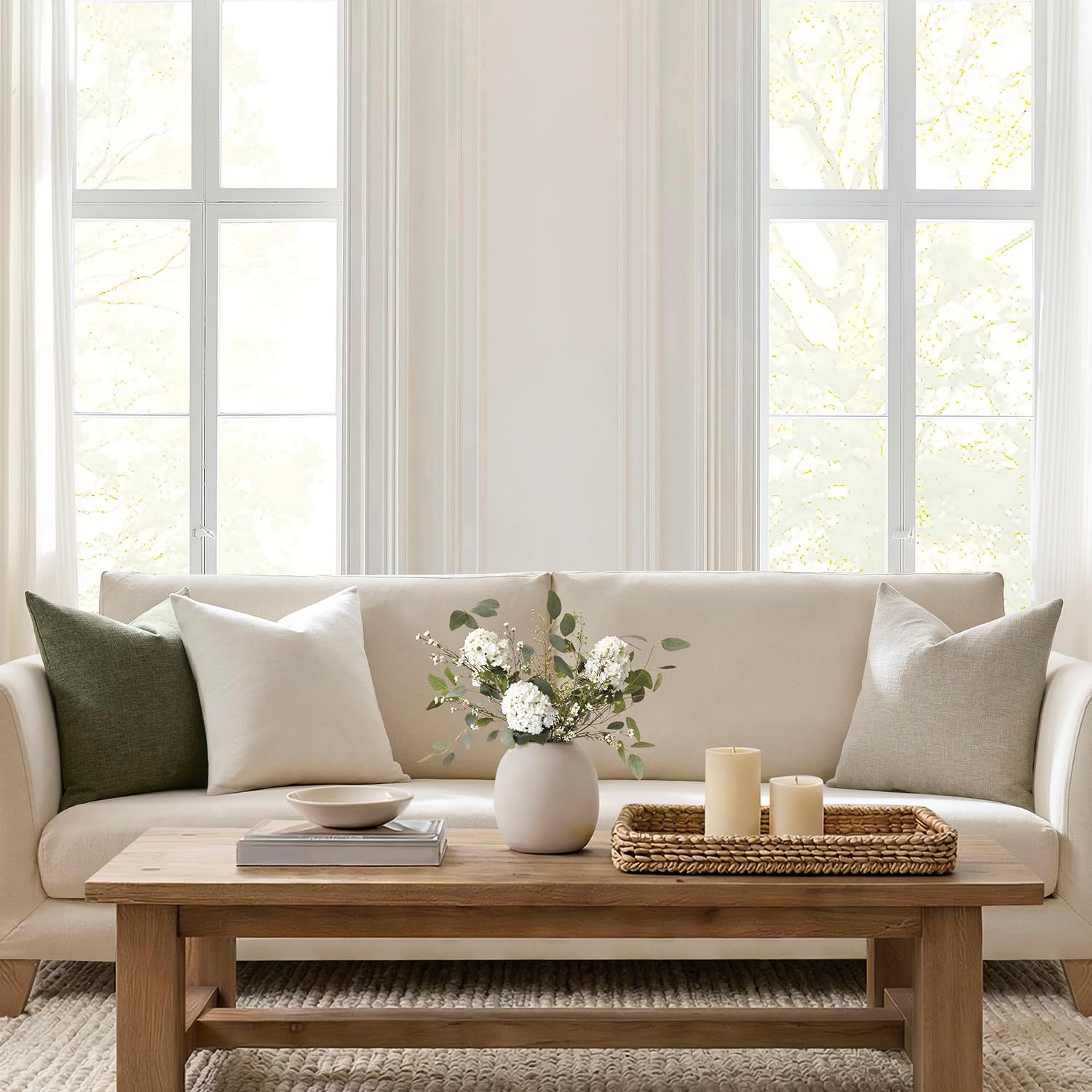 Modern Farmhouse Linen Blend Decorative Pillow Covers / Dark Moss Green / 18 x 18 / Set of 2
