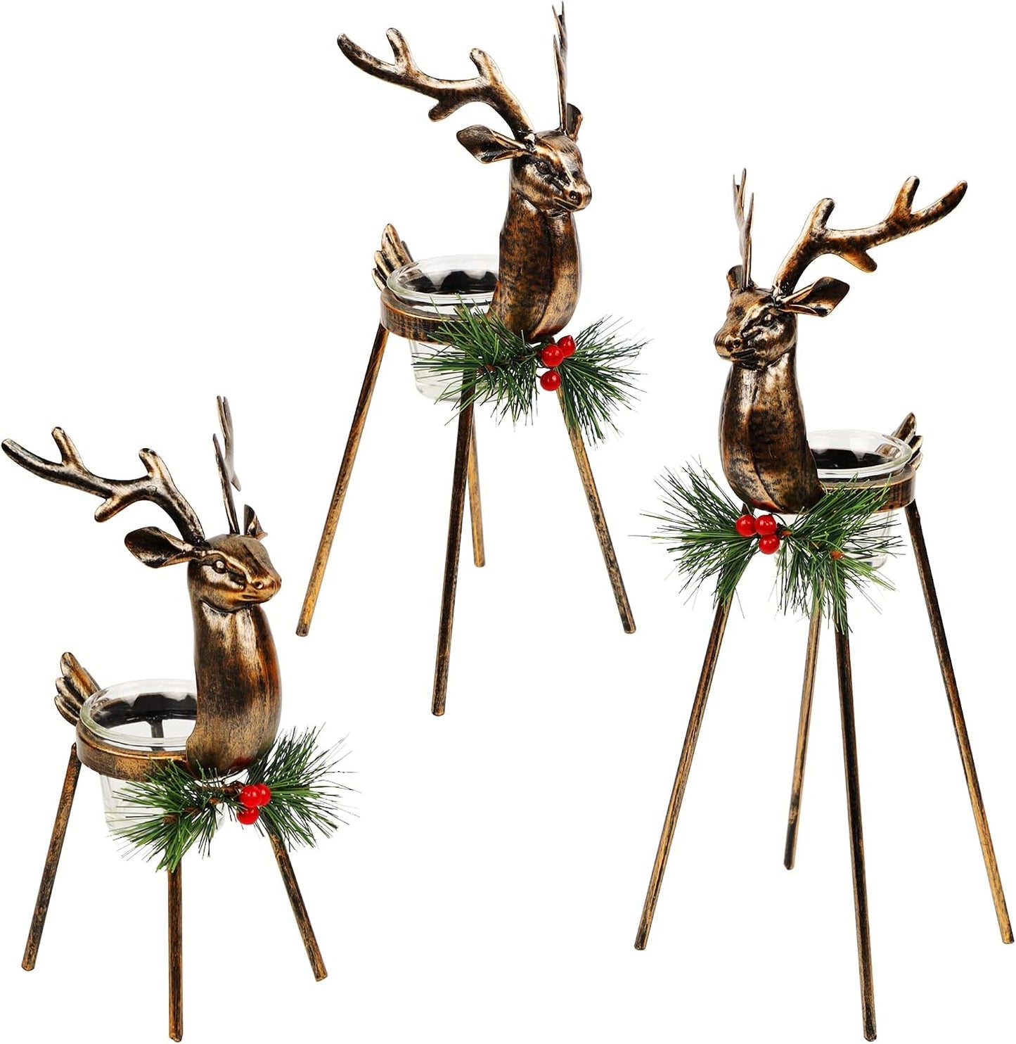 Juegoal Set of 3 Reindeer Tealight Candle Holders, Standing Iron Metal Christmas Decorations, Glass Votive Candle