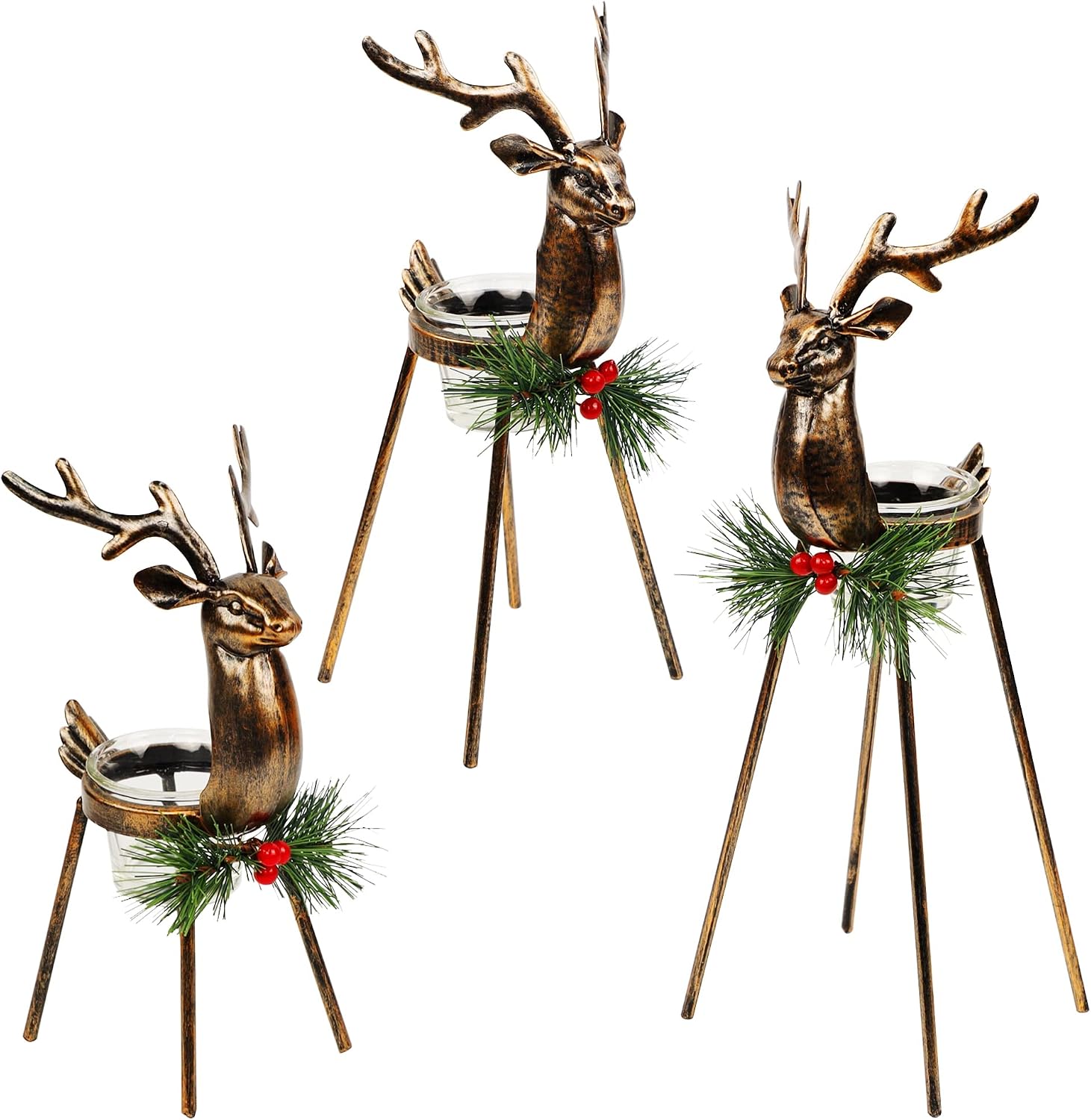 Juegoal Set of 3 Reindeer Tealight Candle Holders, Standing Iron Metal Christmas Decorations, Glass Votive Candle