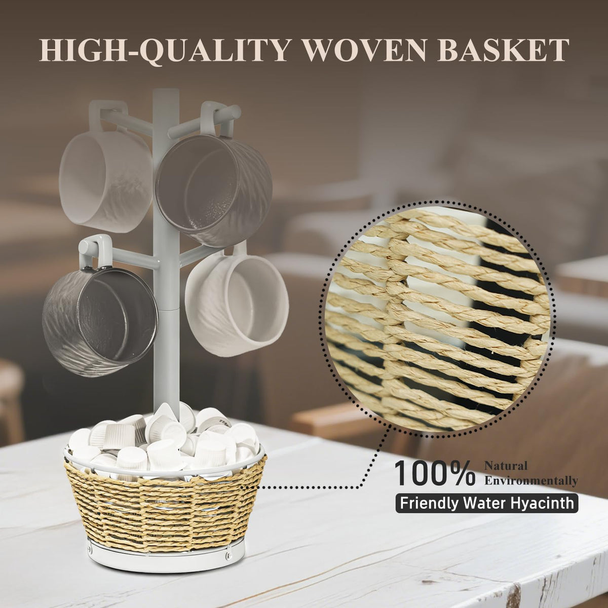 Wood Mug Holder Tree with Woven Basket, 4 Hooks Coffee Mug Holder, Countertop Mug Tree for Kitchen Counter Cabinet