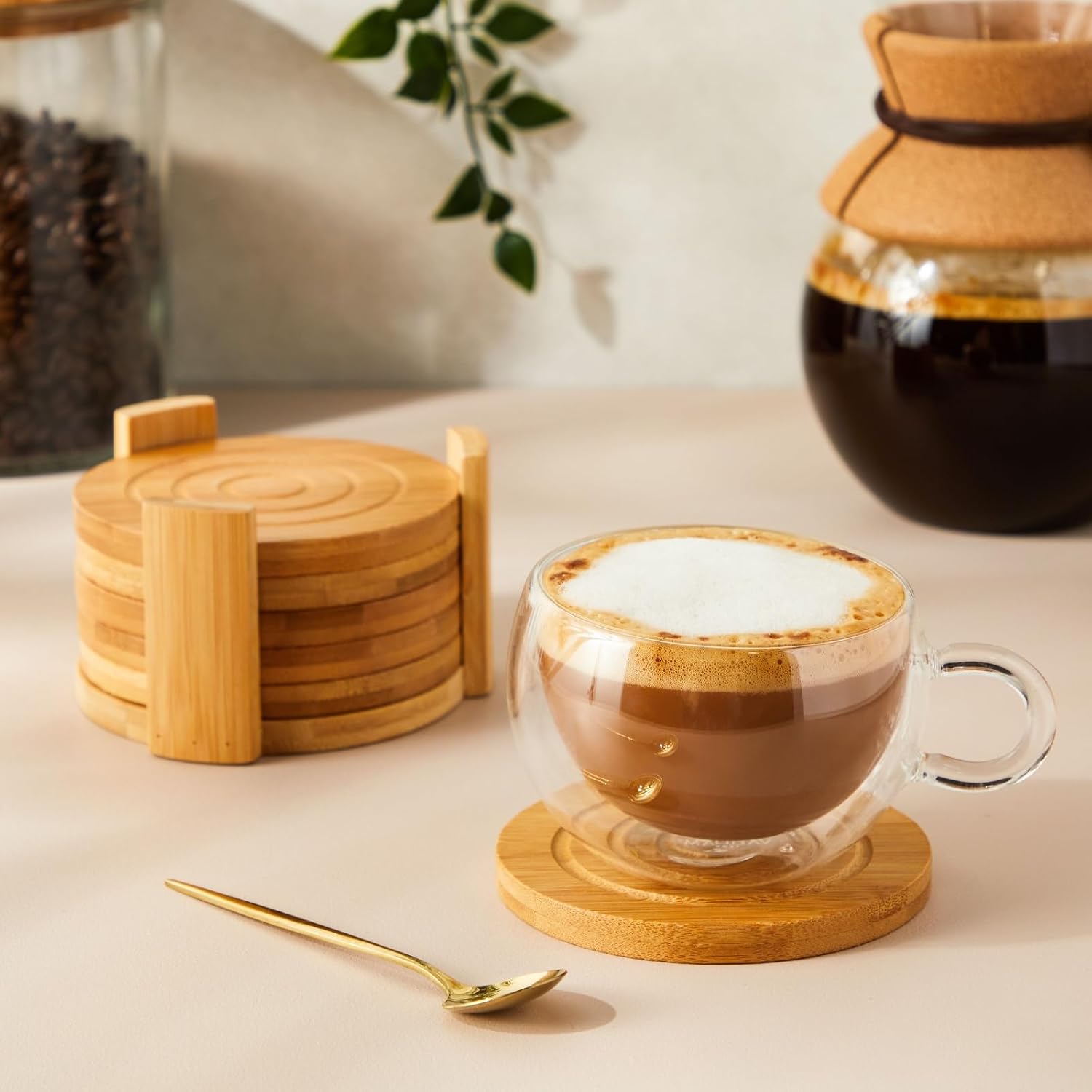 Coasters -4.3- Round Light Bamboo Wood / 4.3 Inches / Brown / Set of 6