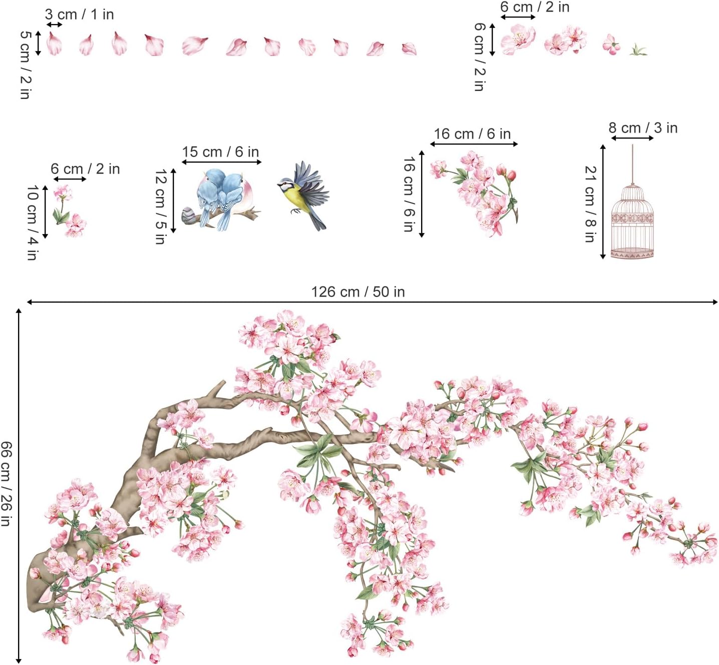 Cherry Blossom Tree Branch Wall Decals Flower Birds Wall Stickers Bedroom Living Room Sofa TV / Pink