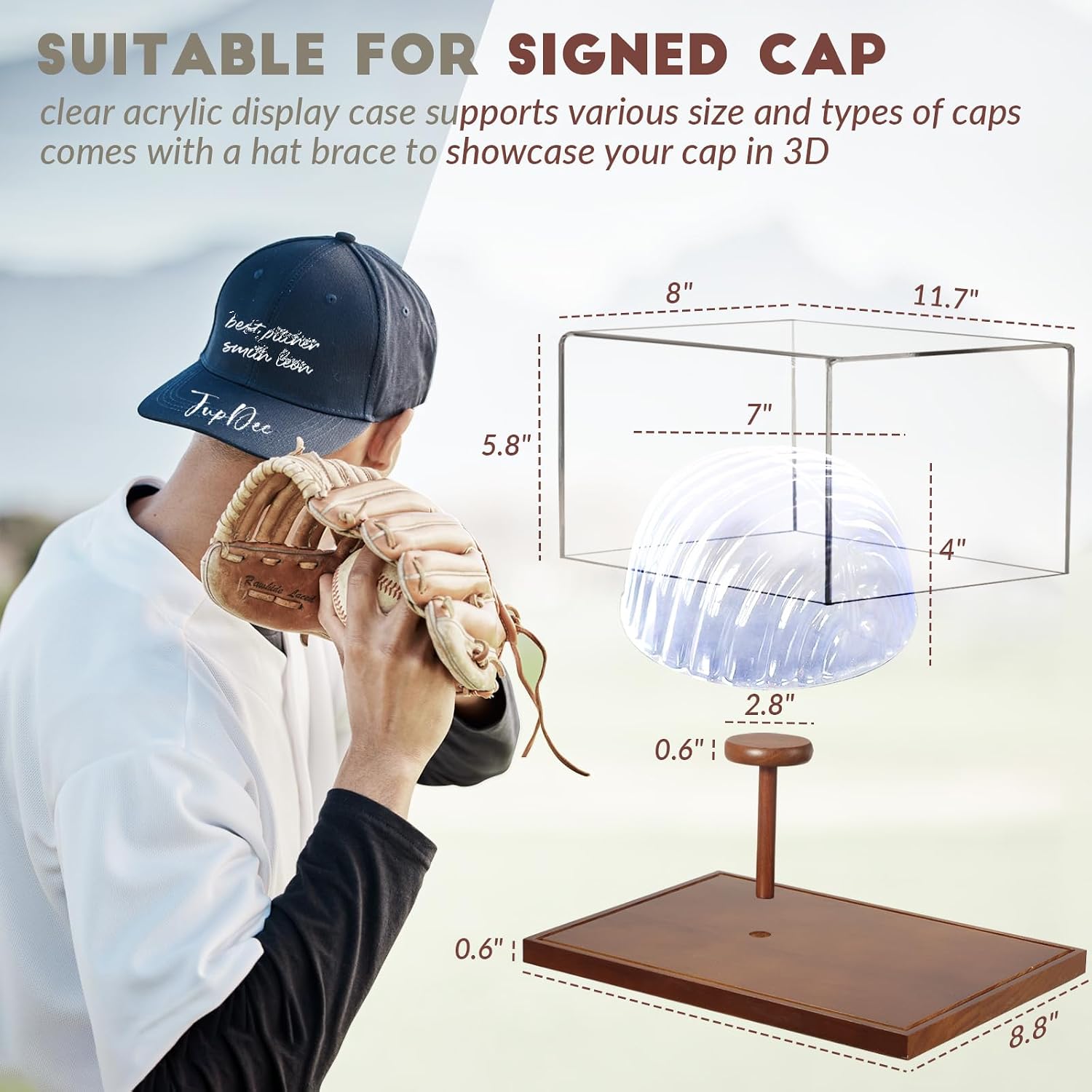 Hat Display Case, Clear Acrylic Baseball Cap Display Box Stand, UV Protection Signed Hat Transparent Showcase with