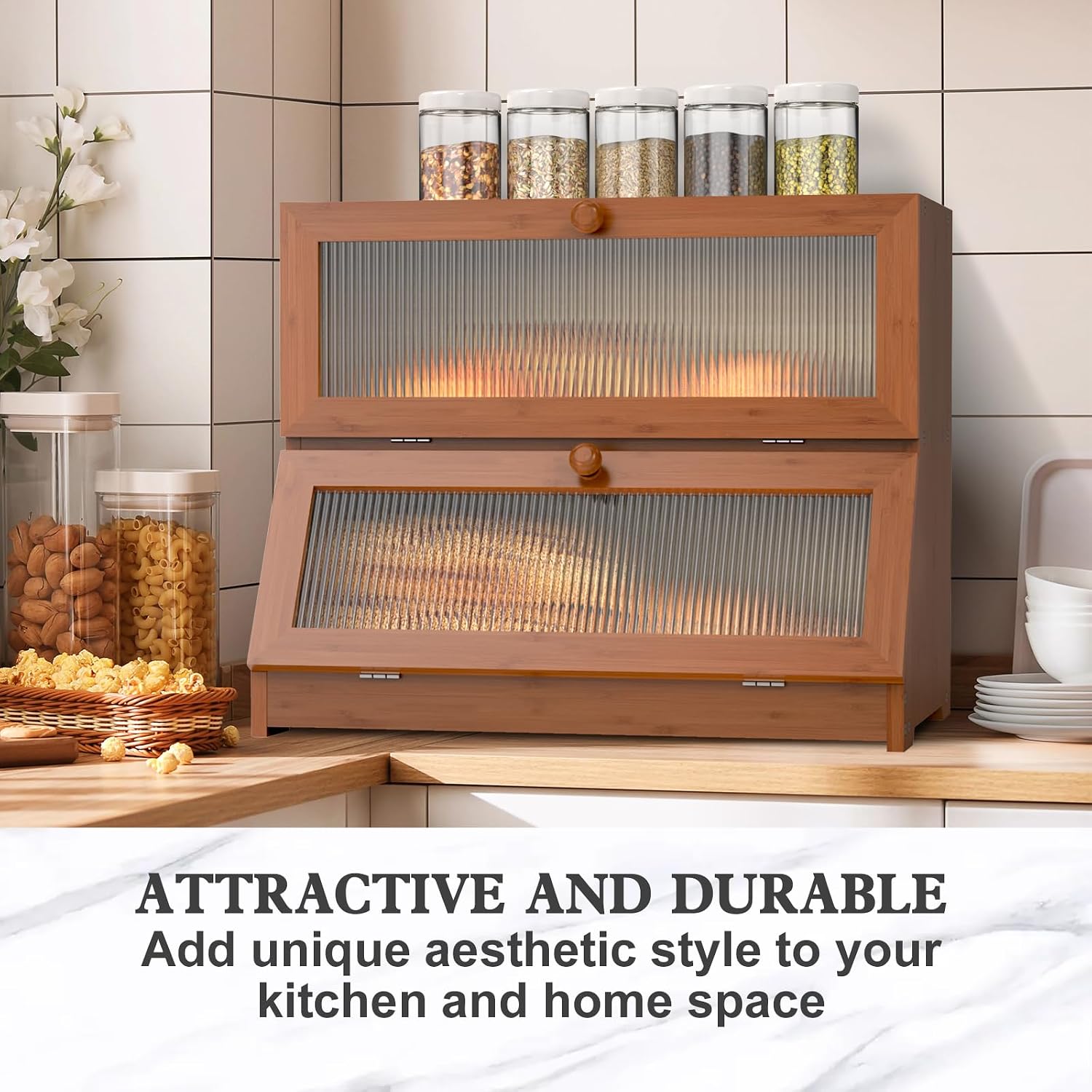 LOHASOK Bread Box for Kitchen Countertop,Brown | 2-layer, Bamboo, Large, Farmhouse Bread Container Holder Storage