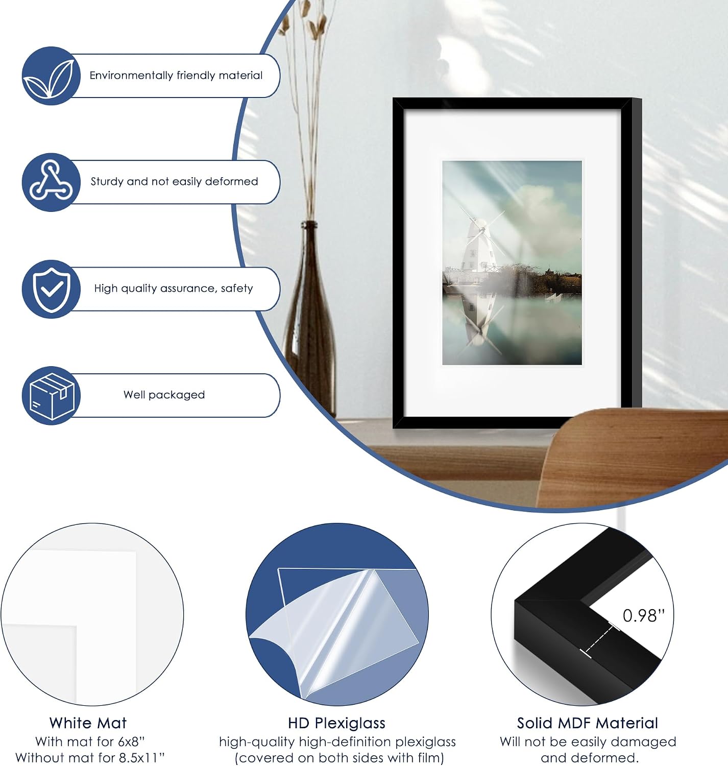 16x20 Picture Frame Set of 6, Wall Mounting Display, Black | Display 11x14 with Mat or 16x20 Without Mat, Horizontal or