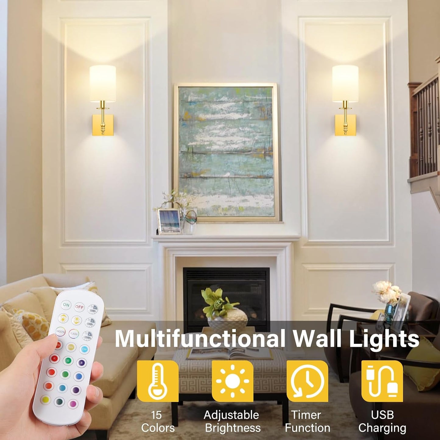 Gold Rechargeable Wall Lights with Remote, Battery Operated Wall Sconces Set of 2, Wireless Wall Lamps with 15 Color