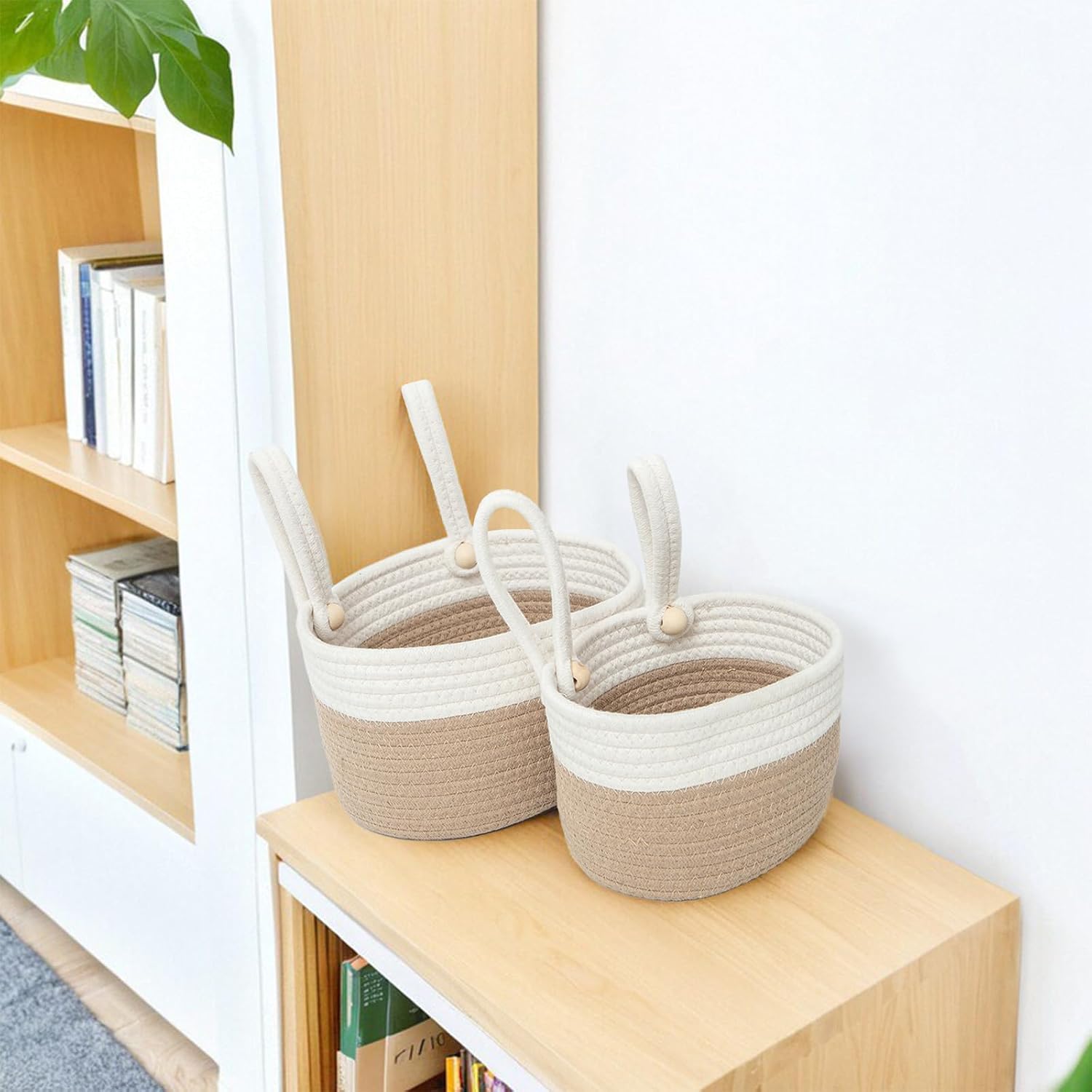 Cotton Hanging Basket for Organizing Hanging Wall Basket / Khaki White / Set of 2