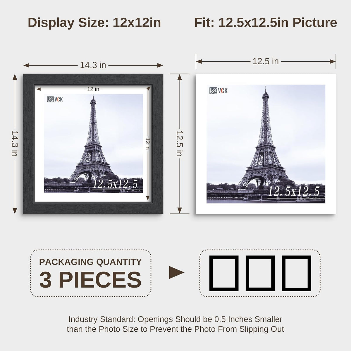 VCK 12.5x12.5 Vinyl Frame 3 Pack, Black Wood 12.5 x 12.5 Record Frames for Wall Mount Album Cover Frames