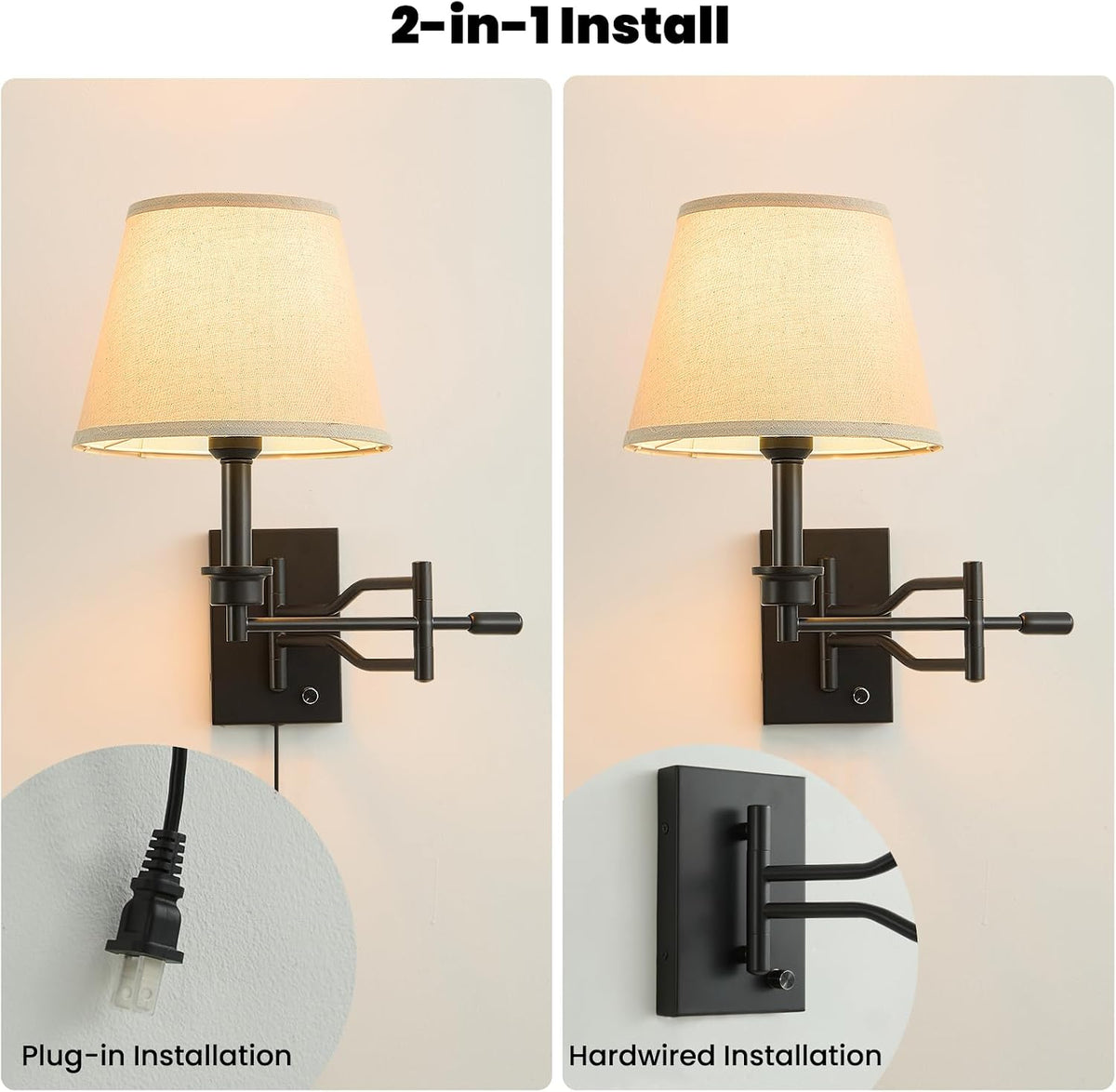 15" Black Swing Arm Wall Sconce Adjustable Wall Lamp, Plug in Wall Sconce with Dimmer Switch, Wall Mounted Reading