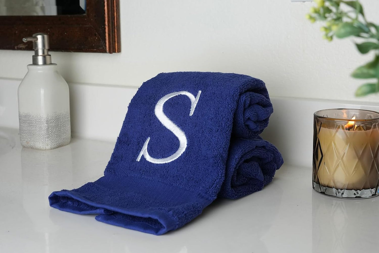 Navy with White Monogrammed Hand Towels for Bathroom - Set of 2 Letter S | Luxury Hotel Quality Initial Towels For