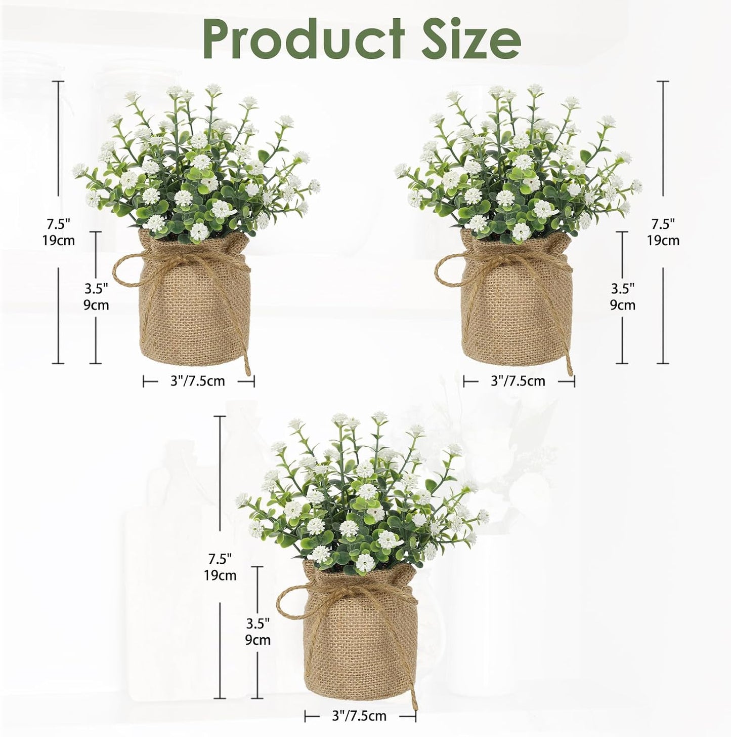 Faux Baby’s Breath Plant / White-burlap / Set of 3