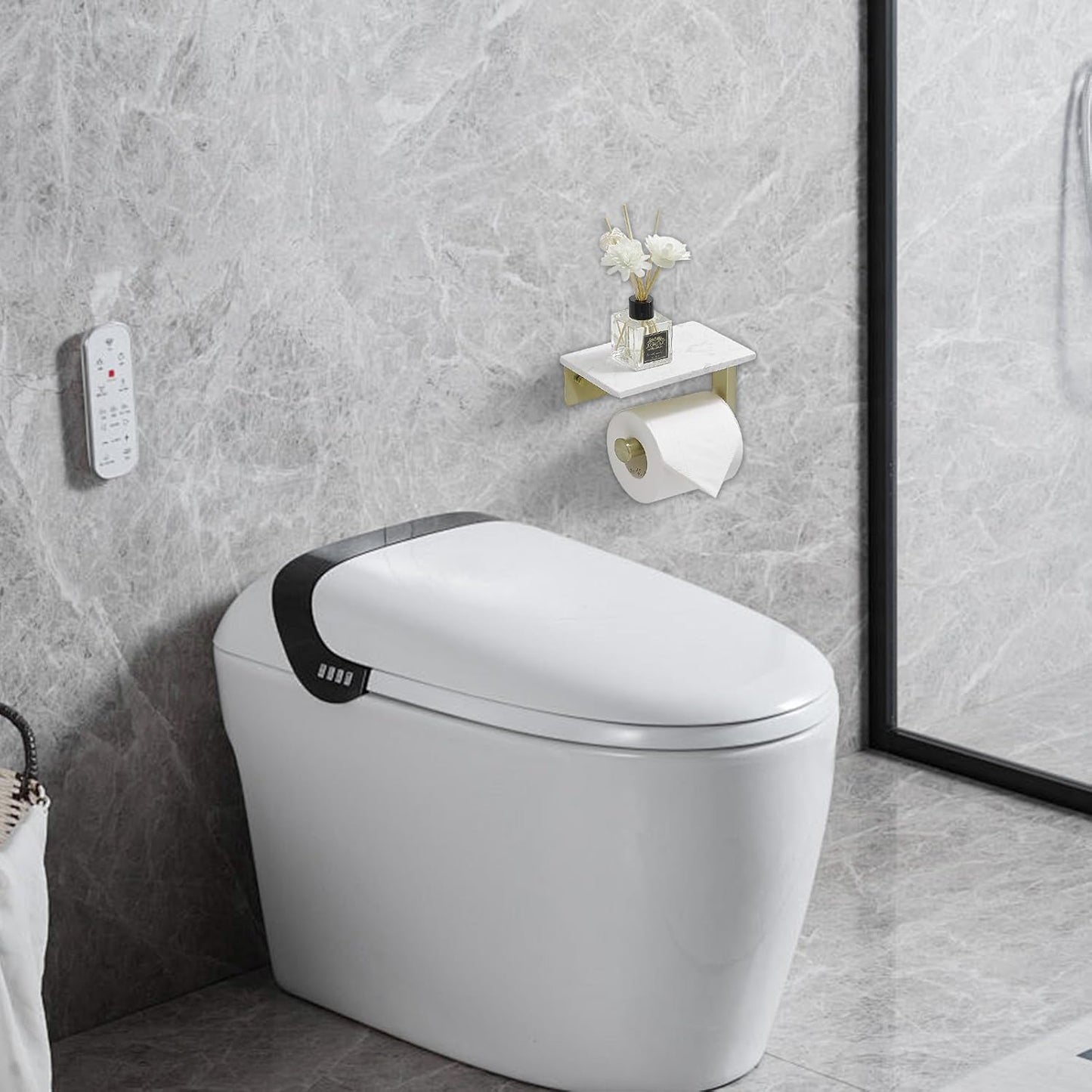BWE Brushed Gold Toilet Paper Holder with Marble Shelf Wall Mounted | Toilet Paper Roll Holder with Phone Shelf 304