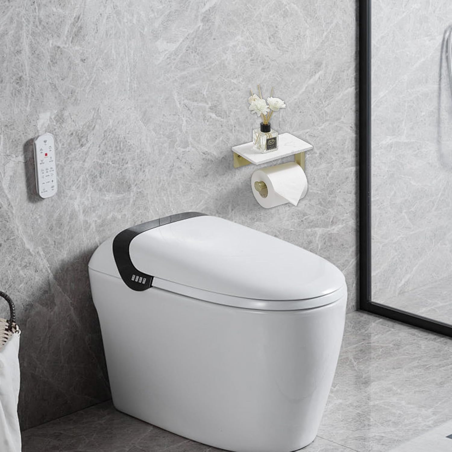 BWE Brushed Gold Toilet Paper Holder with Marble Shelf Wall Mounted | Toilet Paper Roll Holder with Phone Shelf 304