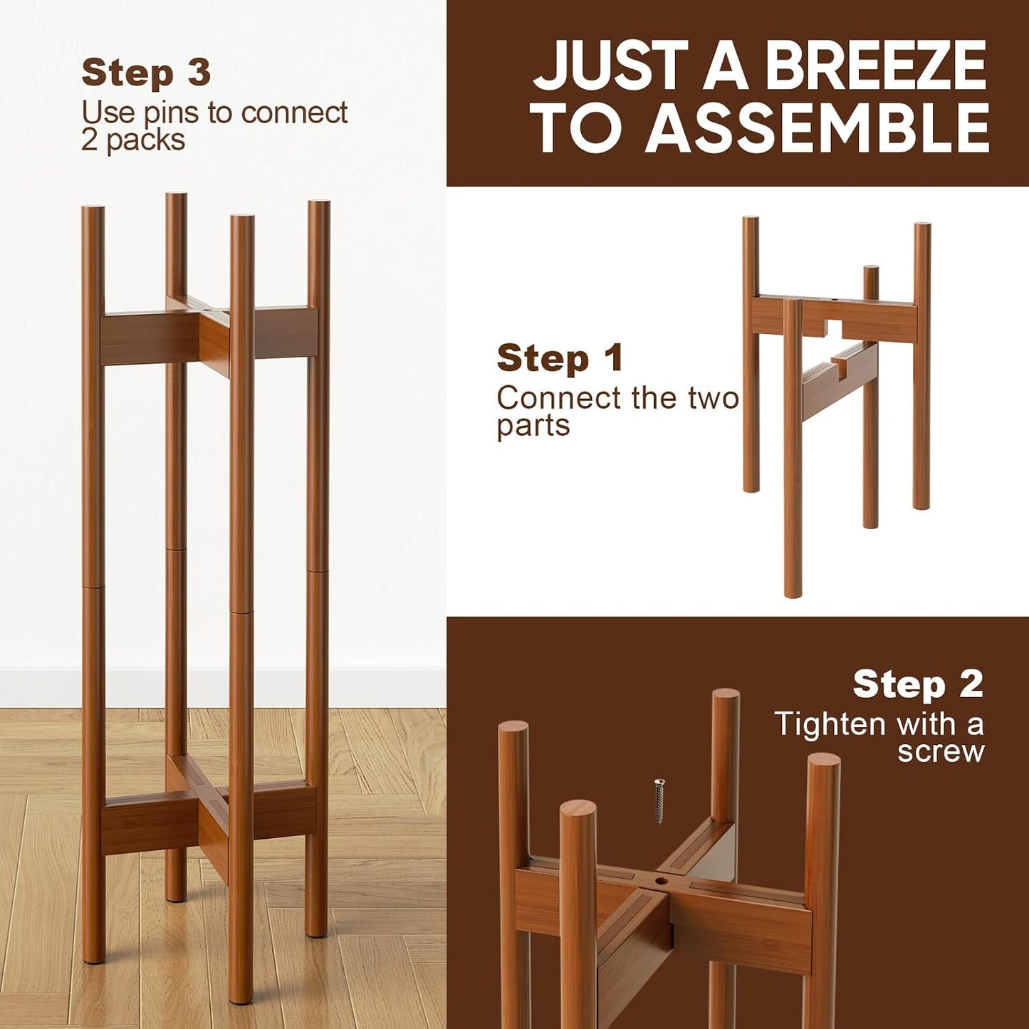 MUDEELA 2 Pack Indoor Plant Stands, 2 Tier Tall Plant Stand 30 inches, Mid Century Bamboo Plant Stand, Adjustable Width