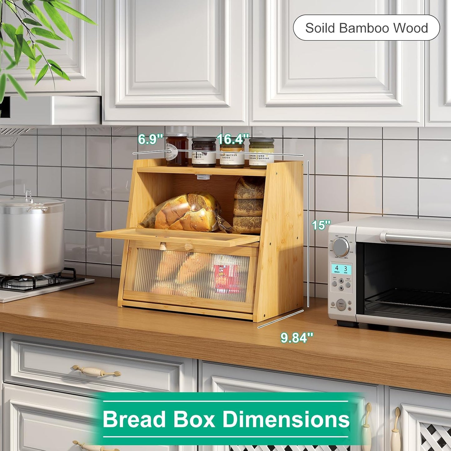 kiplant 2-Tier Bamboo Bread Box, Double Layer Bread Box for Kitchen Counter, Large Bamboo Bread Storage Container with