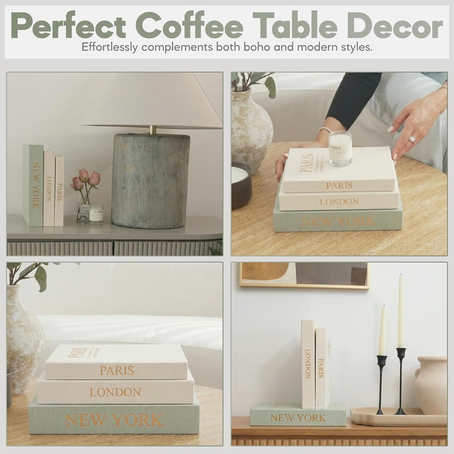 Faux Book Storage Box -Green/Beige/Beige-Decorative Faux / Green-cream-cream / Modern / Set of 3