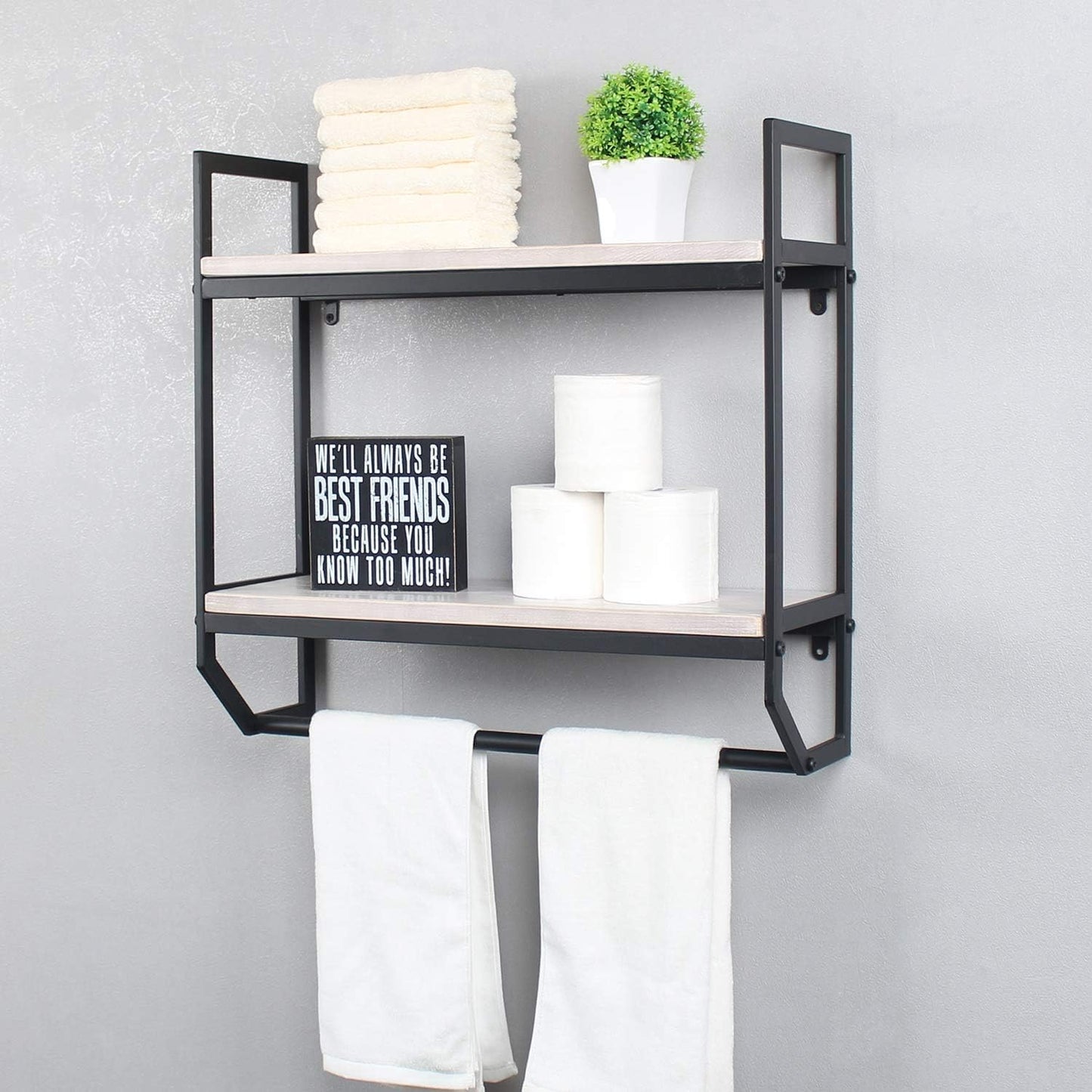2-Tier Metal Industrial 23.6" Bathroom Shelves Wall Mounted,Rustic Wall Shelf Over Toilet,Towel Rack with Towel