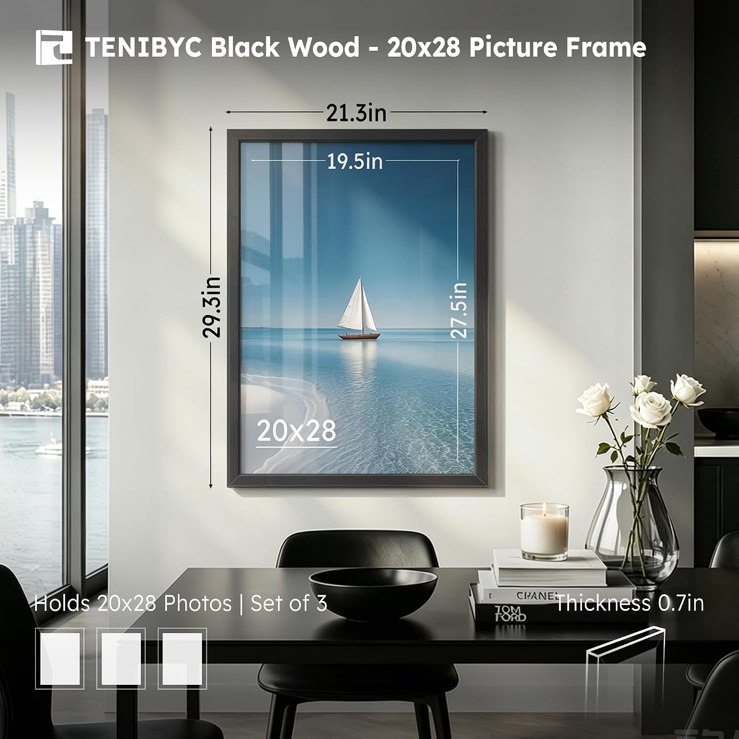 20x28 Picture Frame, Black Wood, 3 Pack, Wall Hanging for Poster | Thick Polished Plexiglass, Large Poster Frame for