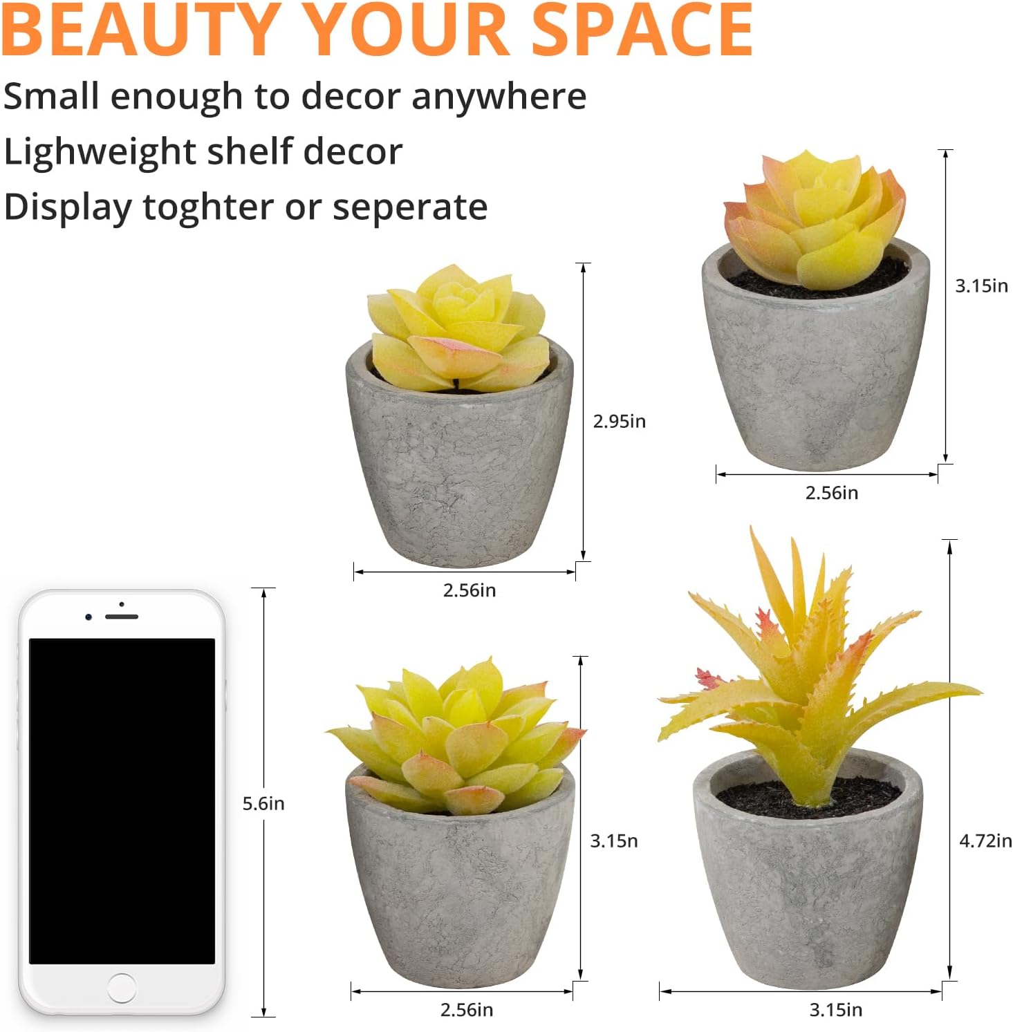 Small Fake Succulent Plants / Yellow / Set of 4