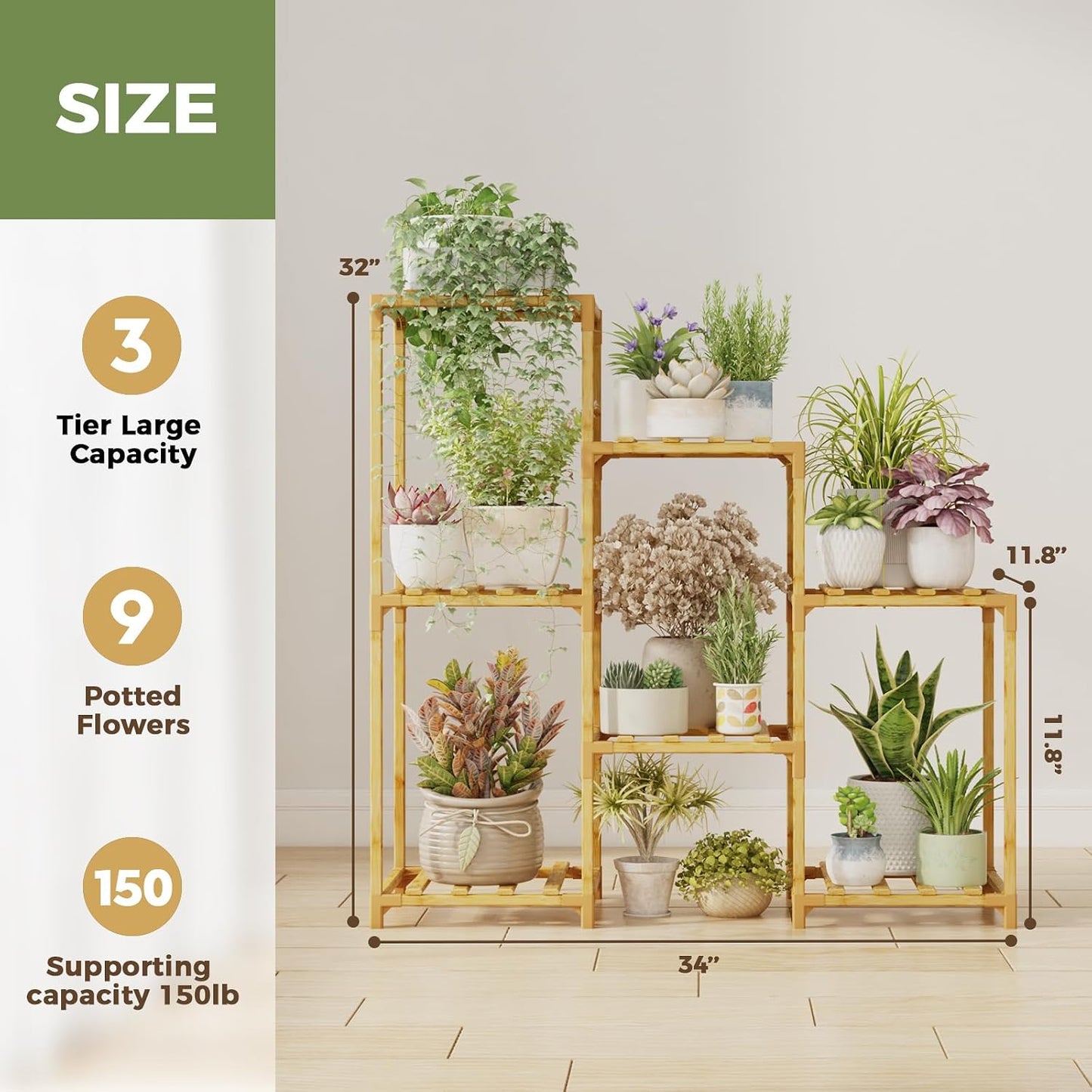 Bamworld Bamboo Plant Stand Indoor Boho Plant Shelf Tiered Plant Rack | for Multiple Plants 3 Tiers 7 Pots Ladder Plant
