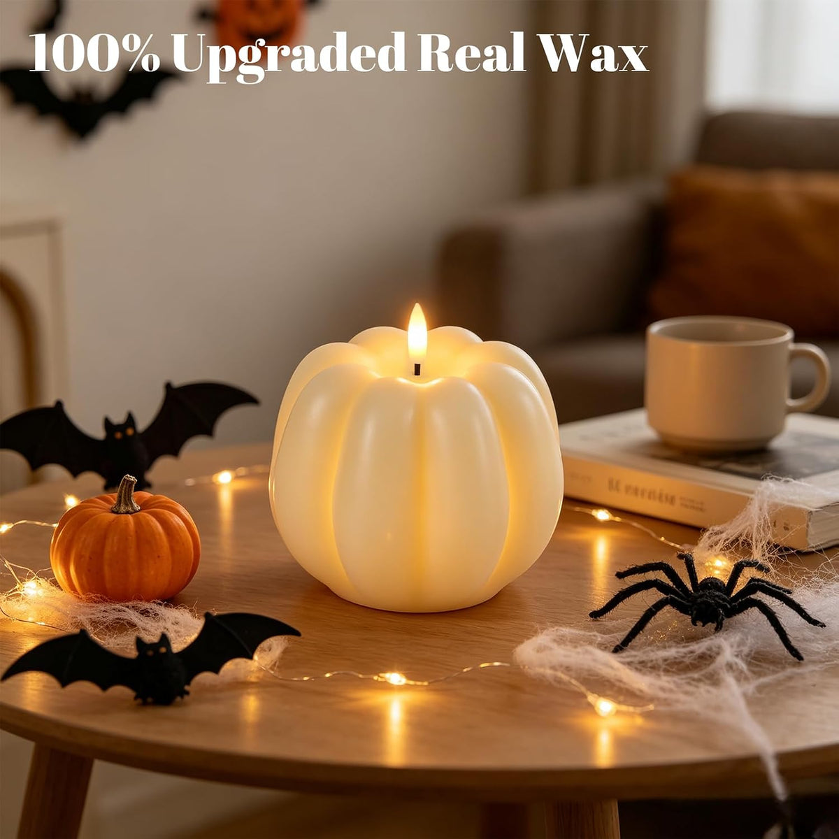 Wondise Fall Decorations Real Wax Pumpkin Candles with Remote Timer | Off-white Battery Operated LED Candles Fall Decor