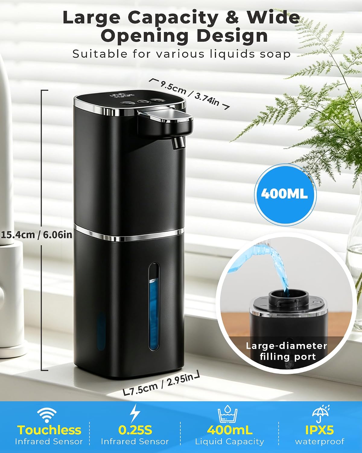 2 Pack Automatic Soap Dispenser Touchless, Rechargeable | Liquid Soap Dispenser 9 Adjustable Levels,13.5oz/400mL,IPX5
