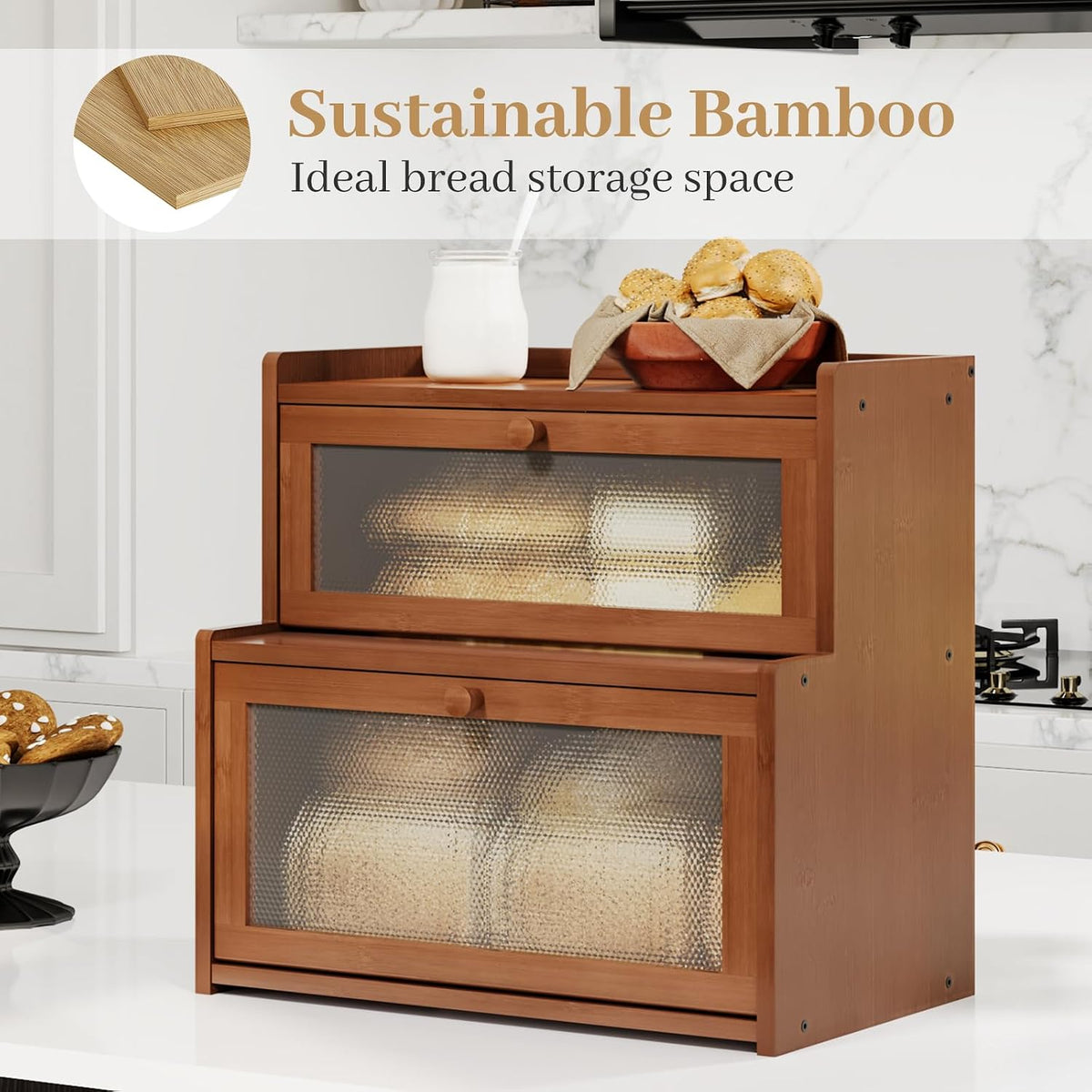 Bread Box for Kitchen Countertop, Large Bamboo Bread Storage Container with Double Layer, Bread Holder for Homemade