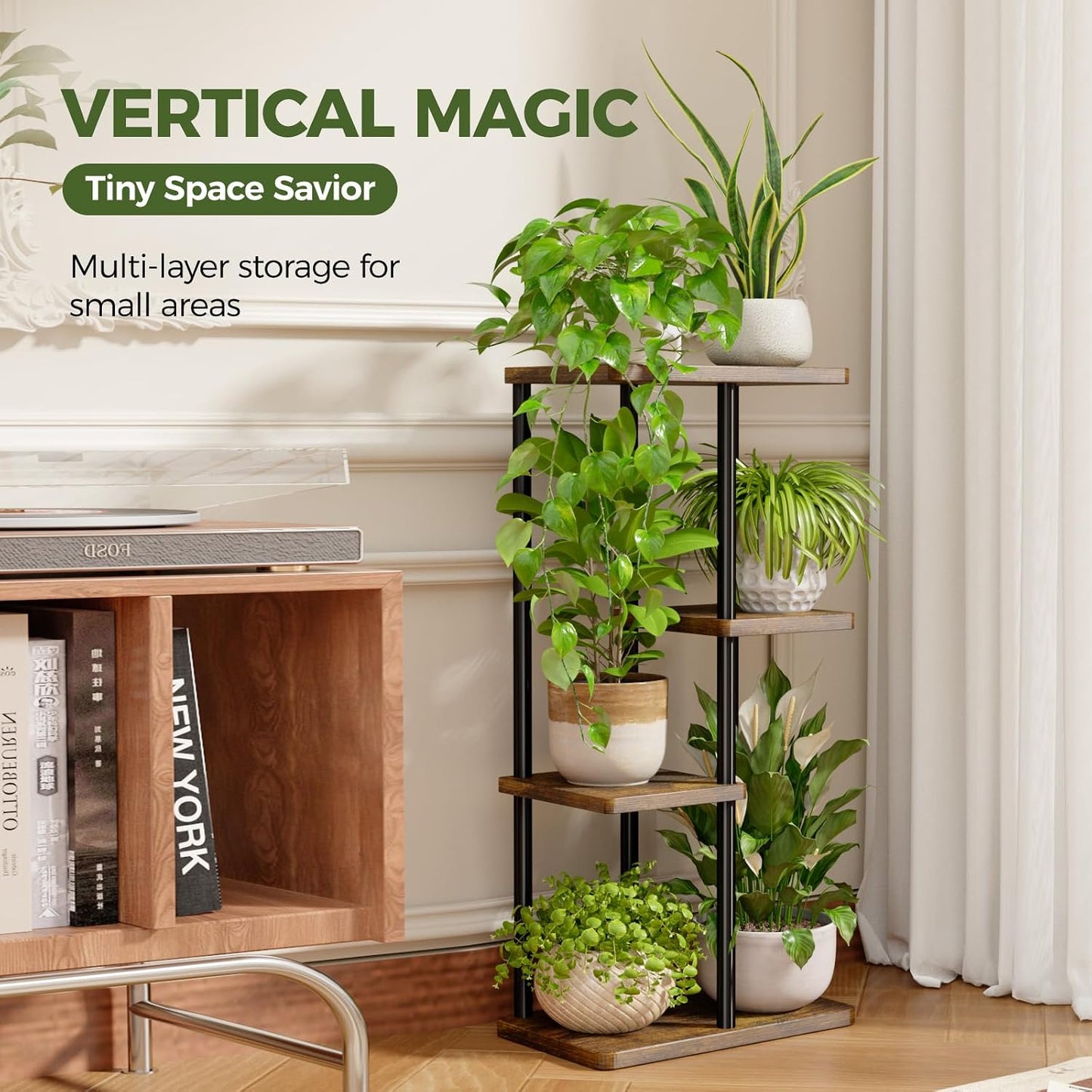 Bamworld Plant Stand 4 Tier Corner Metal Shelf Brown | Tiered shelf displays multiple plants in living rooms, bedrooms