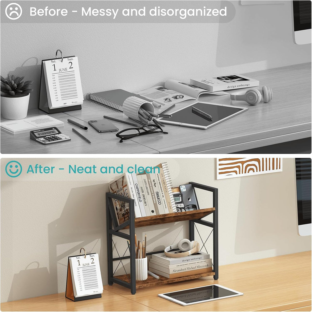ELITEROO Desktop Bookshelf, 2 Tier Desk Shelf Organizer, Wooden Tabletop Bookcase, Small Desk Top Book Rack for Office