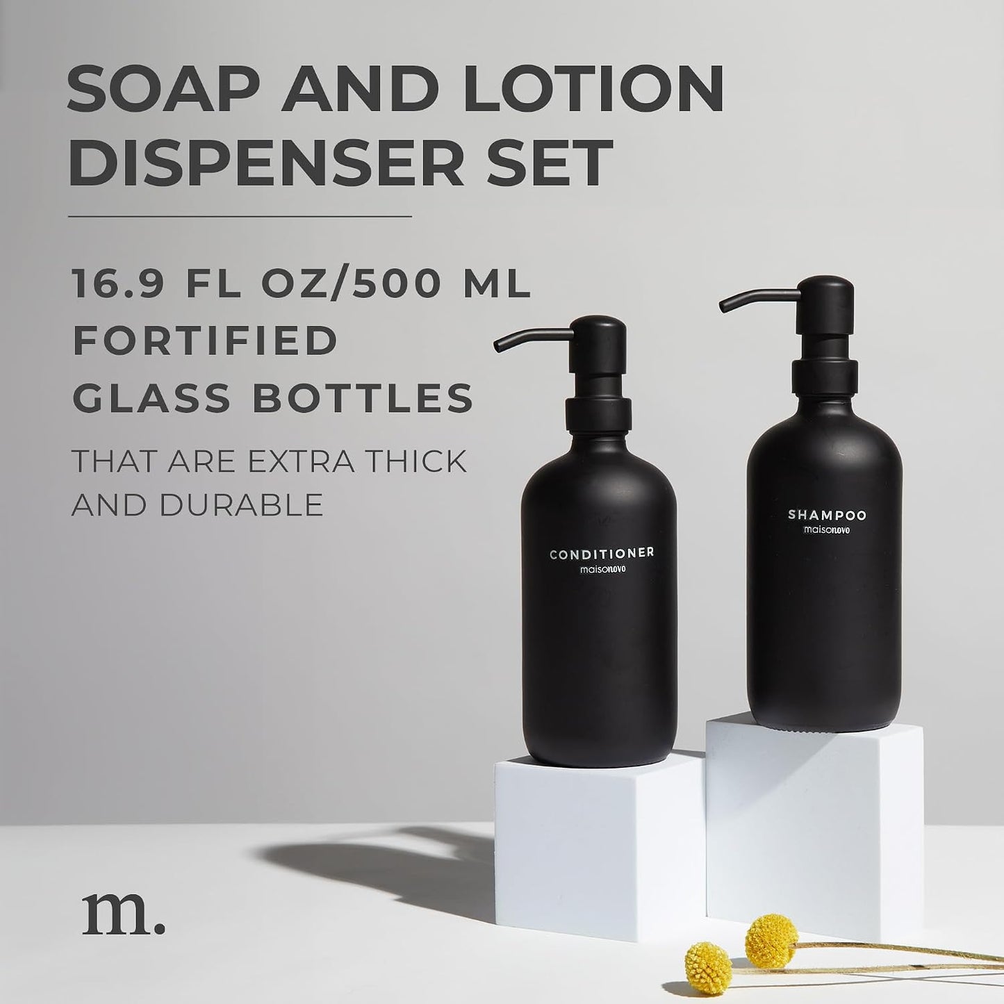 MaisoNovo Soap Dispenser 2-Piece Set | 16.9oz Black Bottles with Black Plastic Pumps