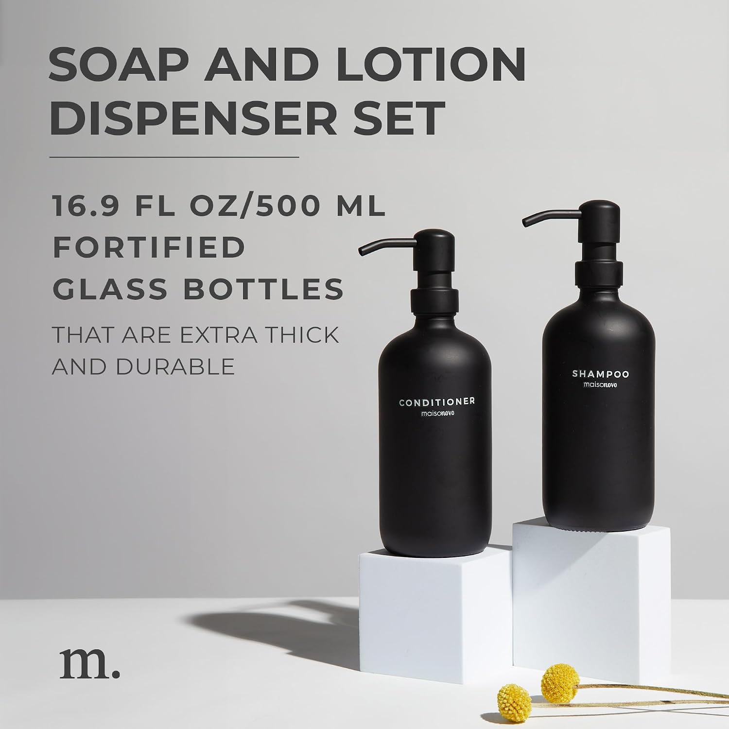 MaisoNovo Soap Dispenser 2-Piece Set | 16.9oz Black Bottles with Black Plastic Pumps