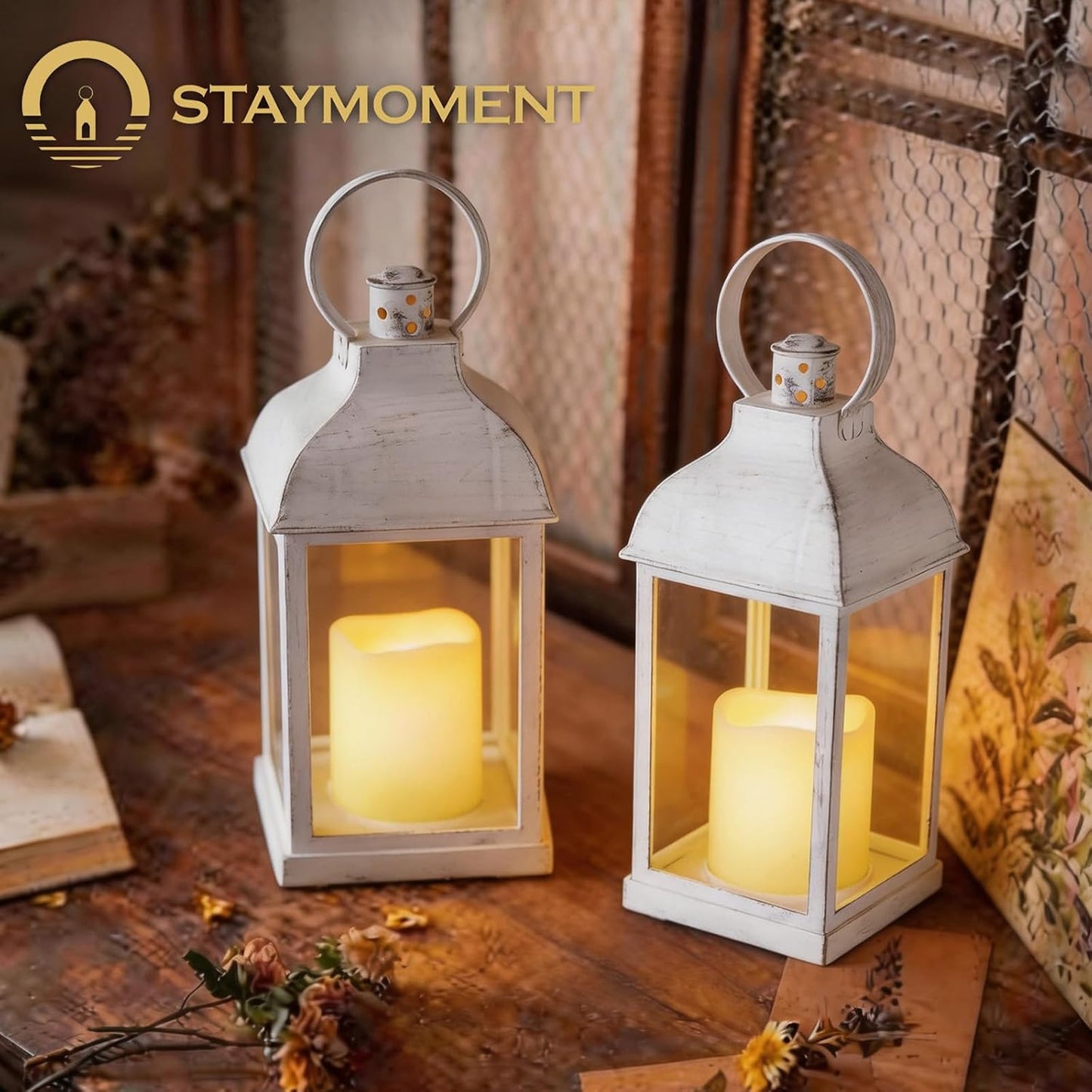 White Small Lanterns with LED Candles, Set of 6 Wedding Decor | Distressed Farmhouse Lanterns with Glass Panels