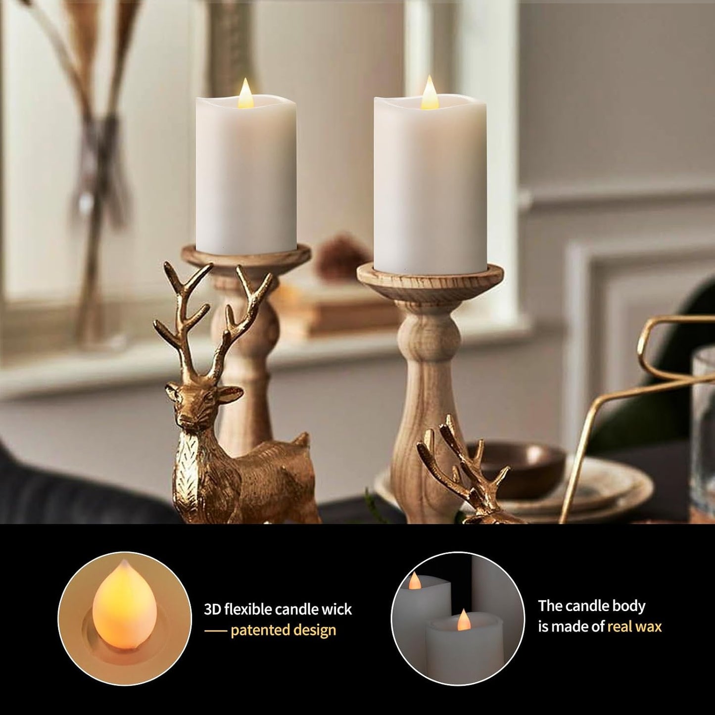 3" x 5" Flameless Candles Set of 2, 2AA Battery Life 600 Hours Battery Candles Flickering with Timer, 5 inch Flameless