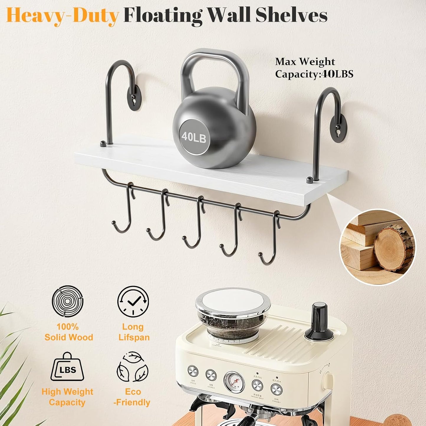 Olakee Floating Wall Shelves for Kitchen Bathroom Coffee Nook with 10 Adjustable Hooks for Mugs Cooking Utensils or